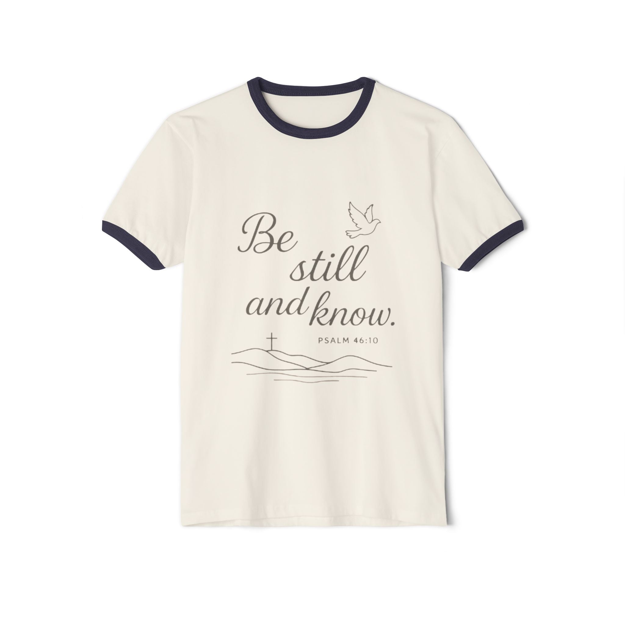 Faith-Inspired Cotton Ringer T-Shirt, Psalm 46:10 Design, Unisex Tee, Daily Wear, Christian Gift, Inspirational Apparel