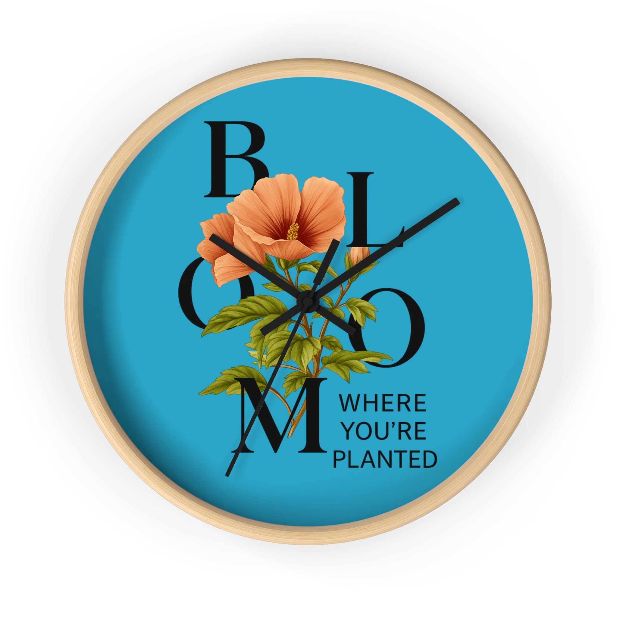 Turquoise Bloom Where You're Planted Wall Clock, Floral Home Decor, Botanical Gift, Inspirational Wall Art, Modern Timepiece