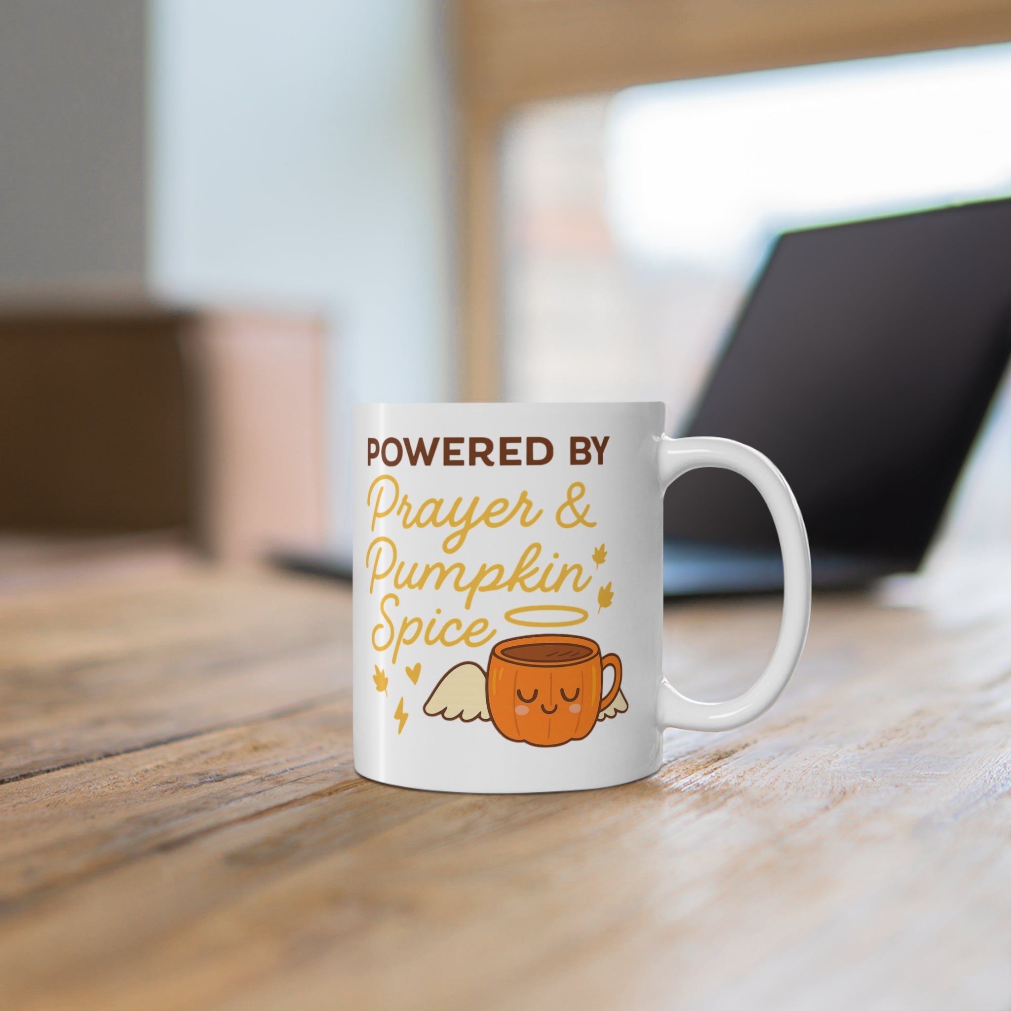 Powered by Prayer & Pumpkin Spice Mug, Fall Coffee Cup, Autumn Gift, Cozy Kitchen Decor, Thanksgiving Mug, Spooky Season Drinkware