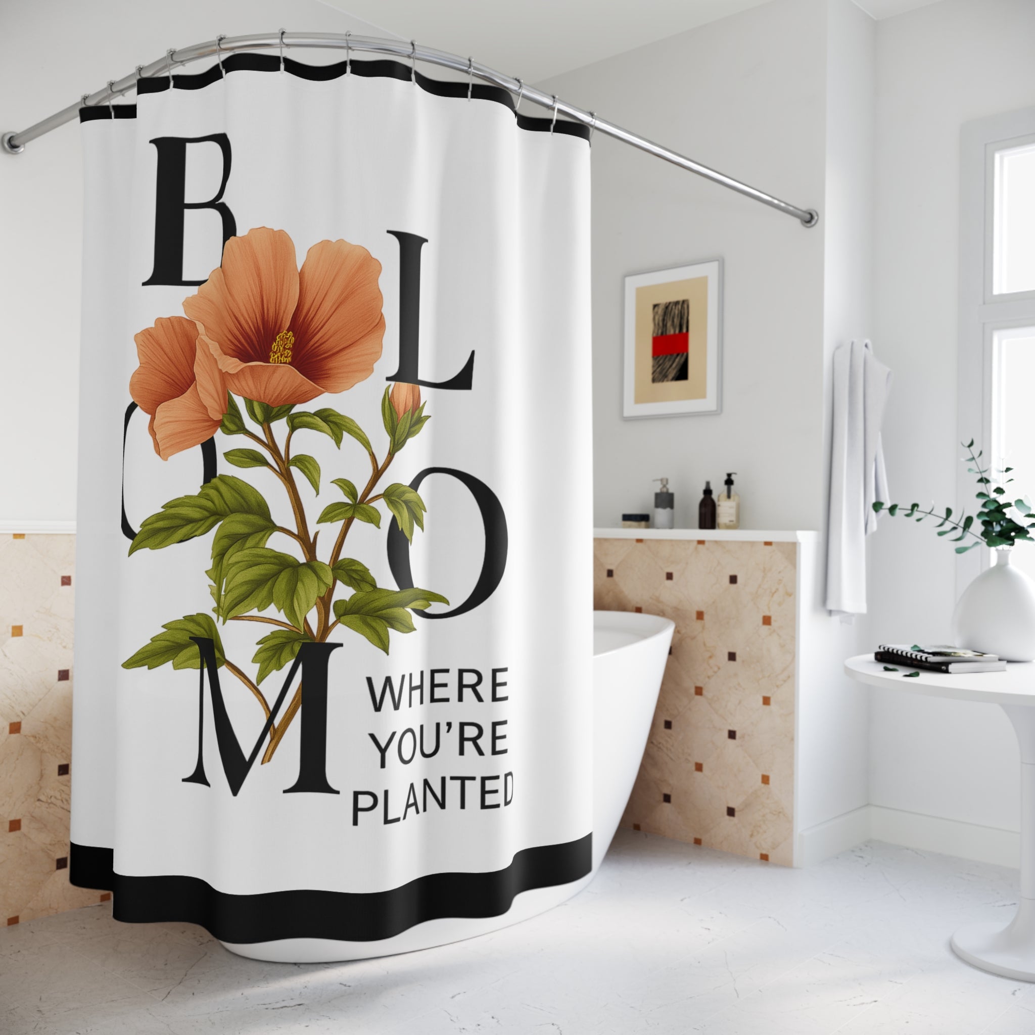 Vibrant Floral White Shower Curtain, Bathroom Decor, Home Accessories, Gift for Her, Tropical Theme, Indoor Plants