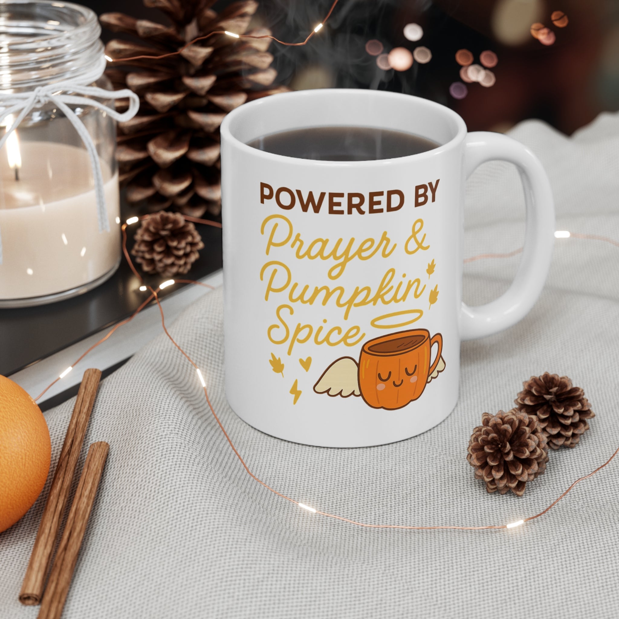 Powered by Prayer & Pumpkin Spice Mug, Fall Coffee Cup, Autumn Gift, Cozy Kitchen Decor, Thanksgiving Mug, Spooky Season Drinkware