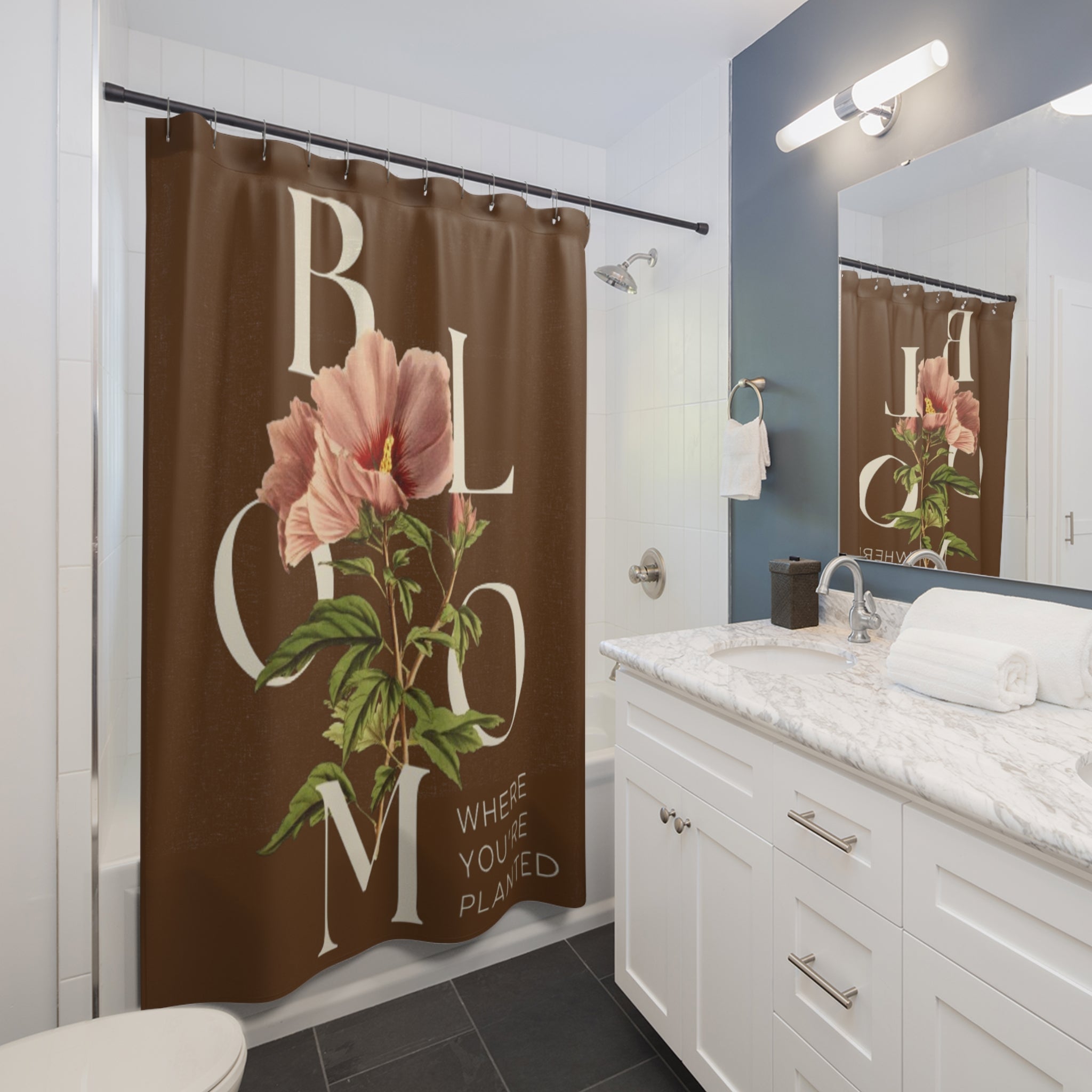 Brown Bloom Where You're Planted Shower Curtain, Floral Bathroom Decor, Boho Home Decor, Gift for Flower Lovers, Unique Bathroom Makeover