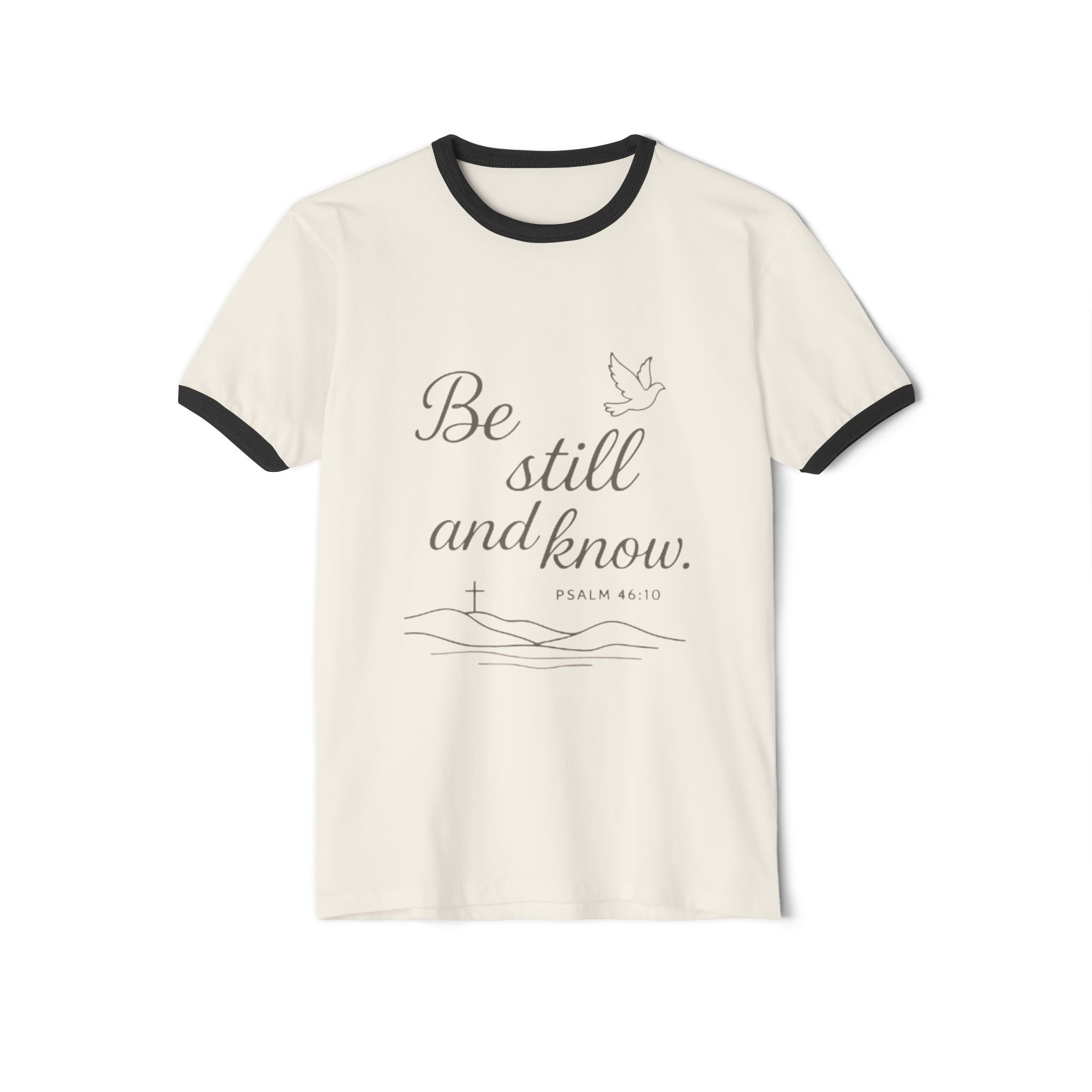 Faith-Inspired Cotton Ringer T-Shirt, Psalm 46:10 Design, Unisex Tee, Daily Wear, Christian Gift, Inspirational Apparel