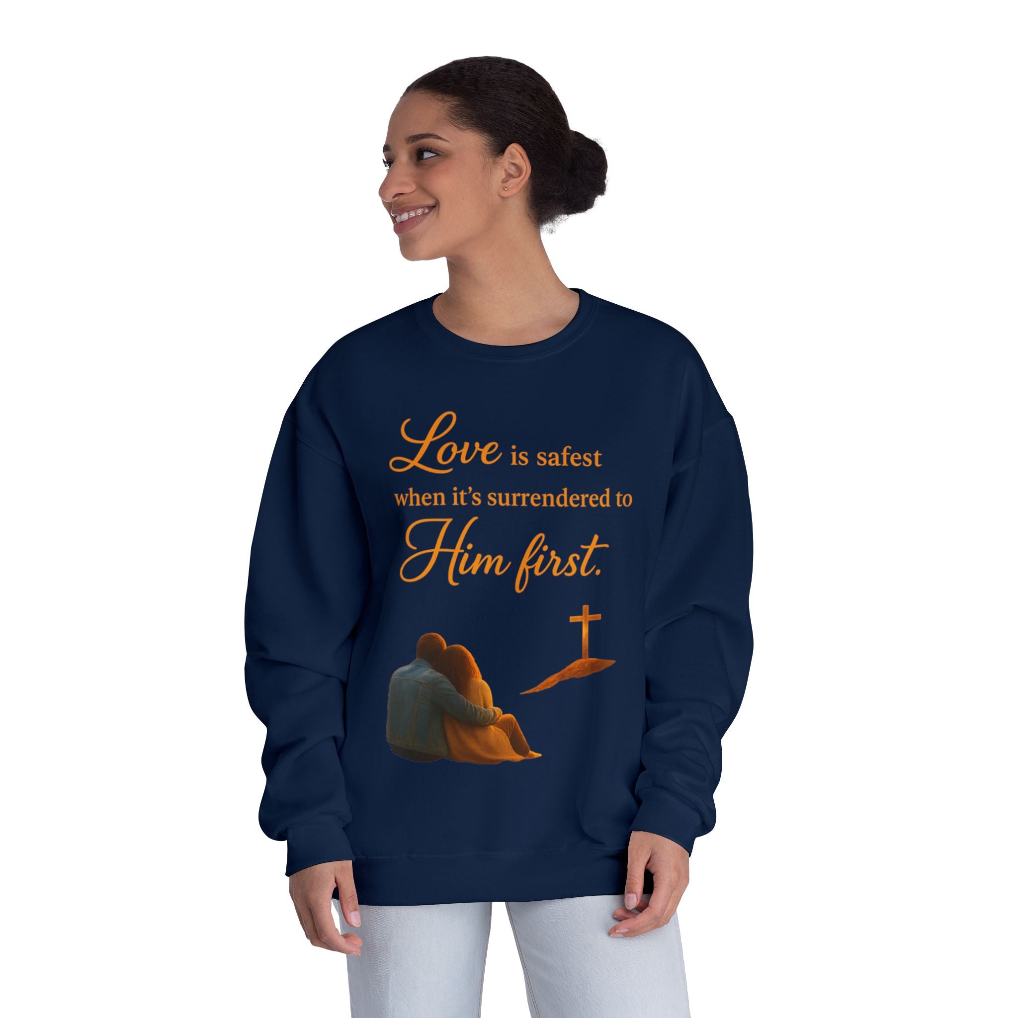 Christian Crewneck Sweatshirt – “Love is safest when it’s surrendered to Him first” Inspirational Faith Pullover