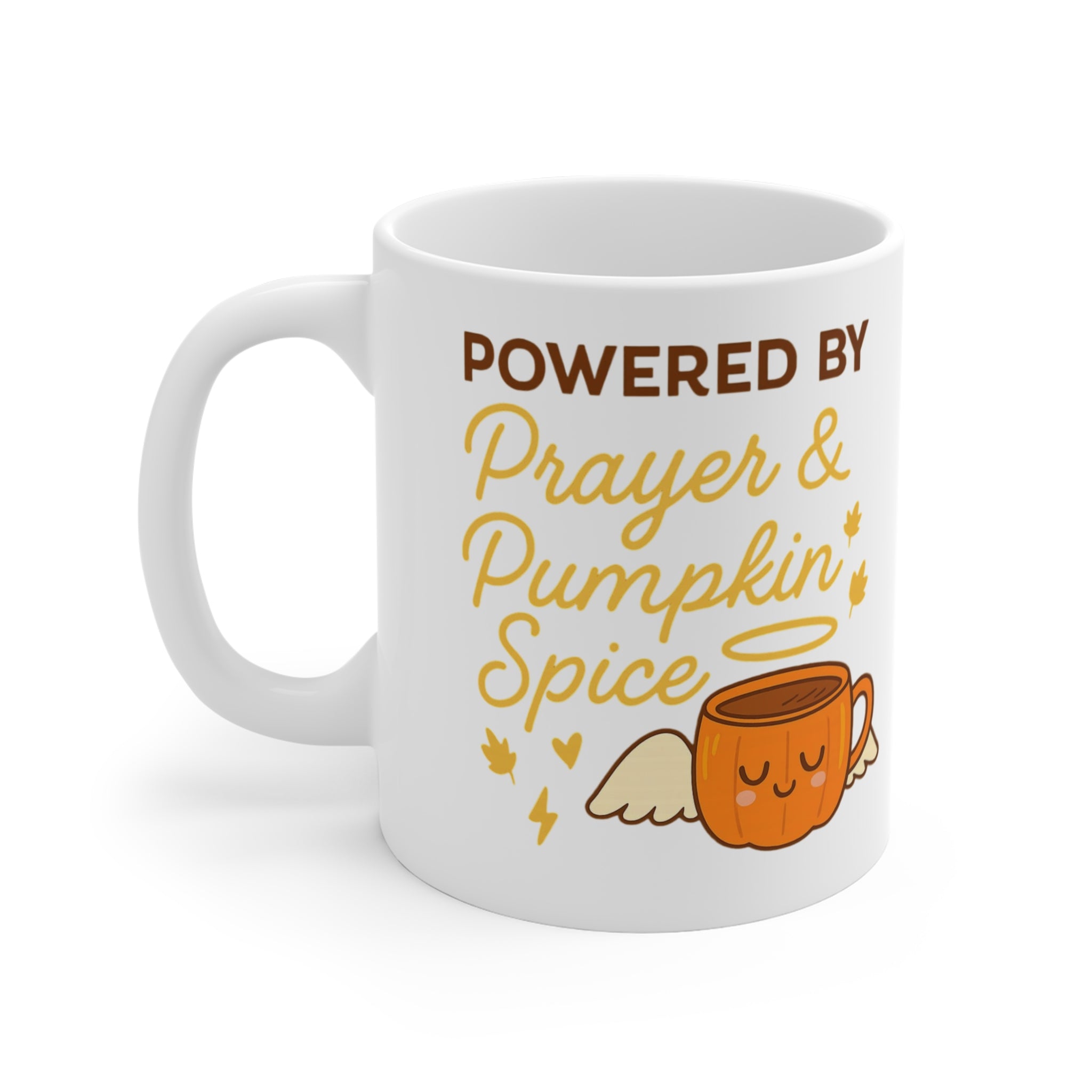 Powered by Prayer & Pumpkin Spice Mug, Fall Coffee Cup, Autumn Gift, Cozy Kitchen Decor, Thanksgiving Mug, Spooky Season Drinkware