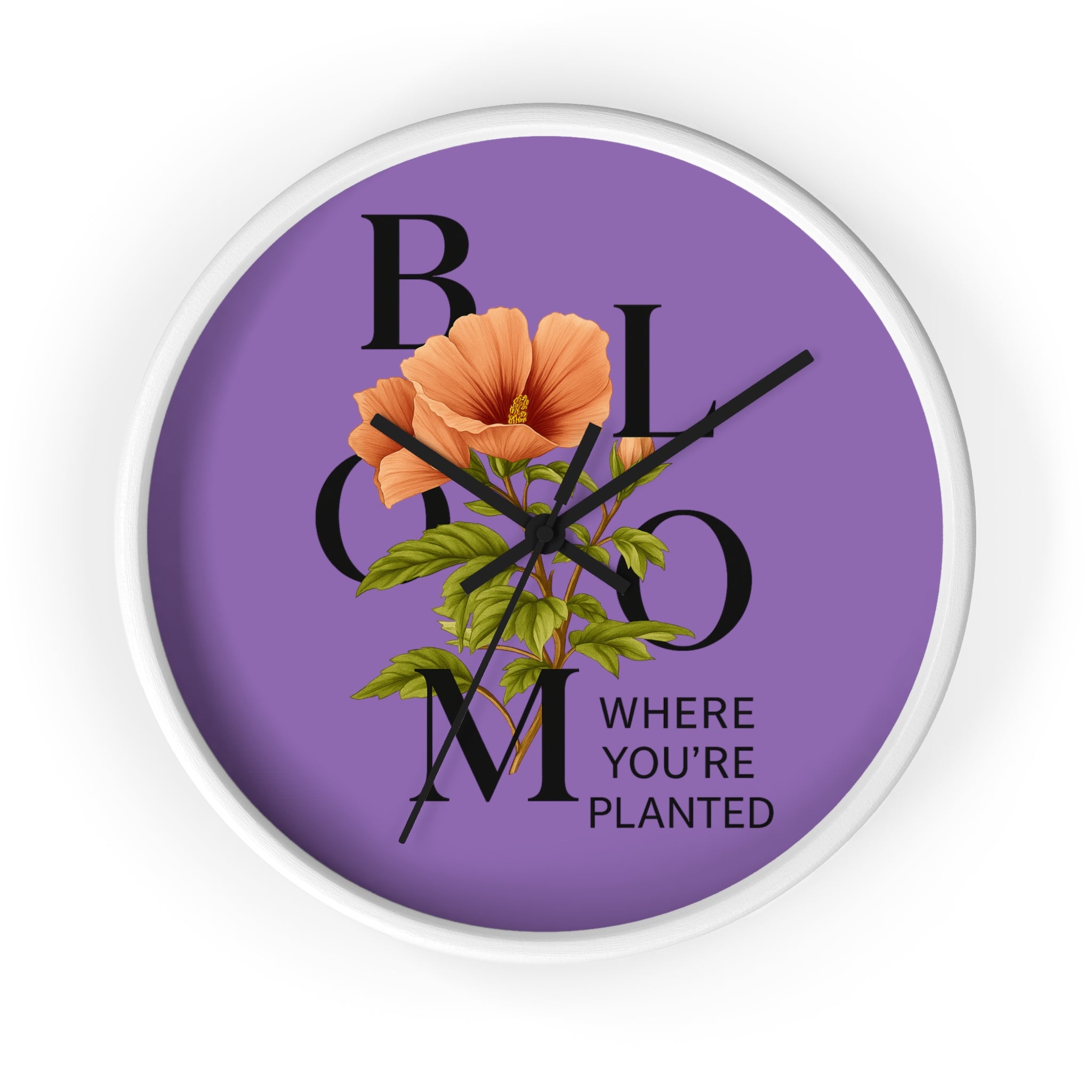 Purple Bloom Where You're Planted Wall Clock, Floral Home Decor, Botanical Gift, Inspirational Wall Art, Modern Timepiece