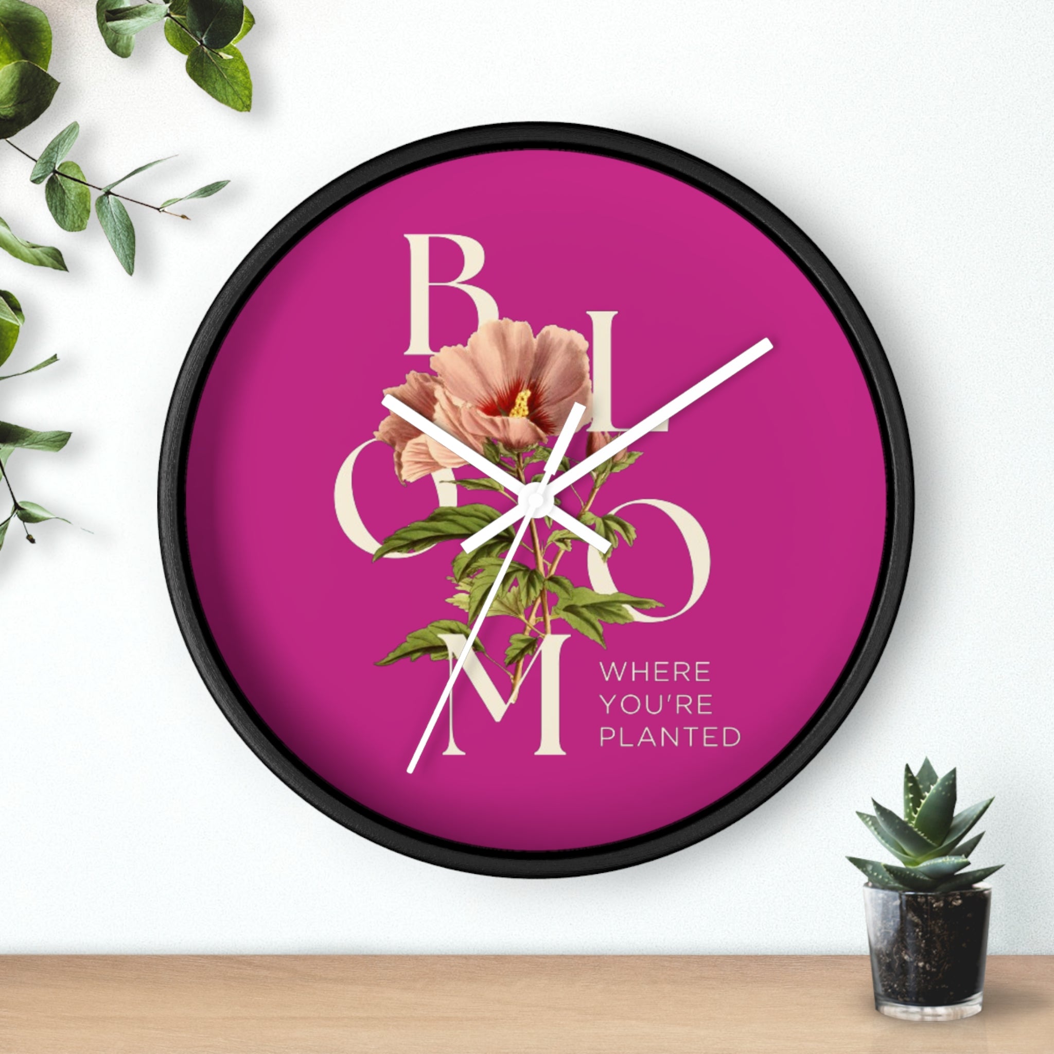 Pink Floral Wall Clock: Bloom Where You’re Planted, Home Decor, Gifts for Plant Lovers, Motivational Wall Art, Modern Timepiece, Flower Design