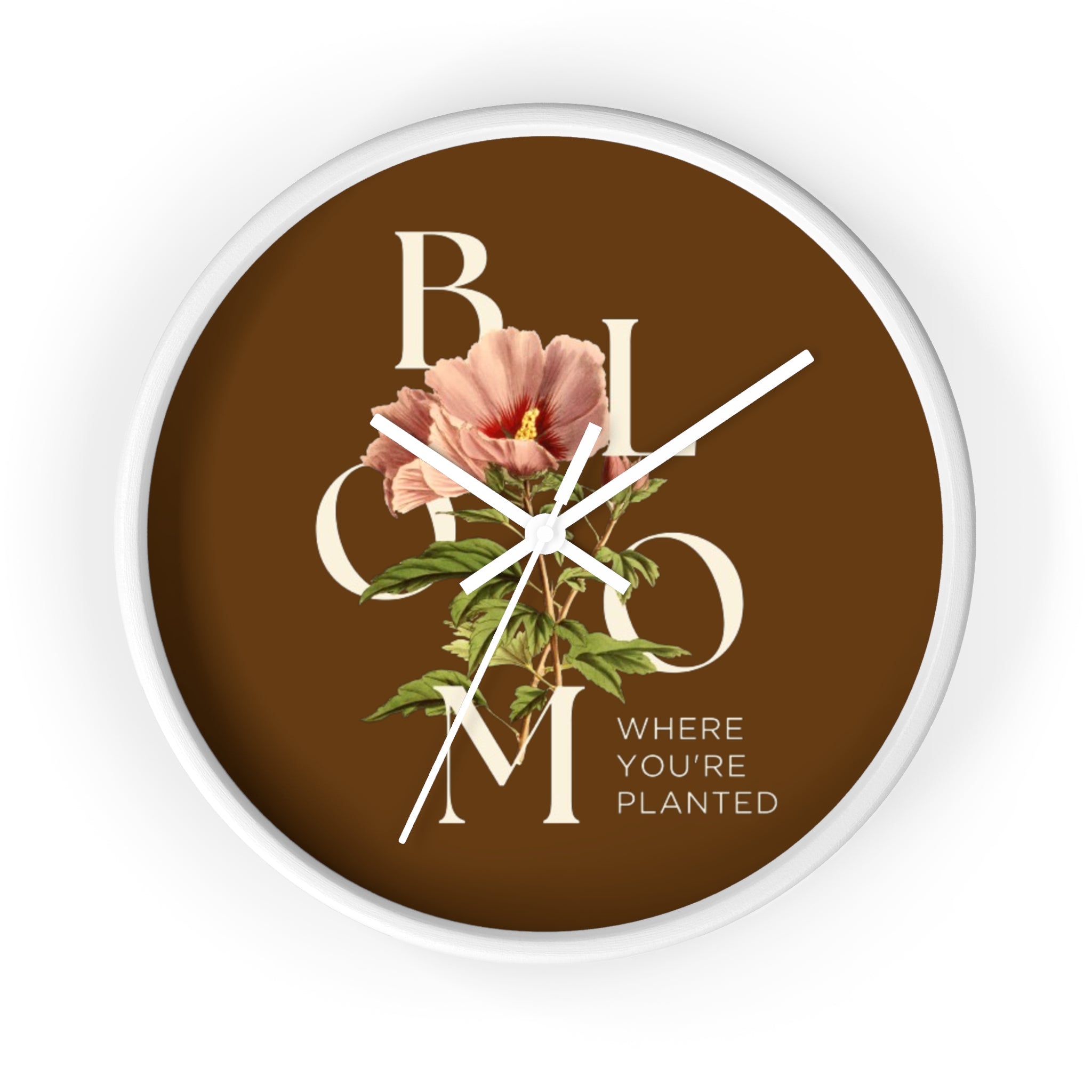 Brown Floral Wall Clock: Bloom Where You’re Planted, Home Decor, Gifts for Plant Lovers, Motivational Wall Art, Modern Timepiece, Flower Design