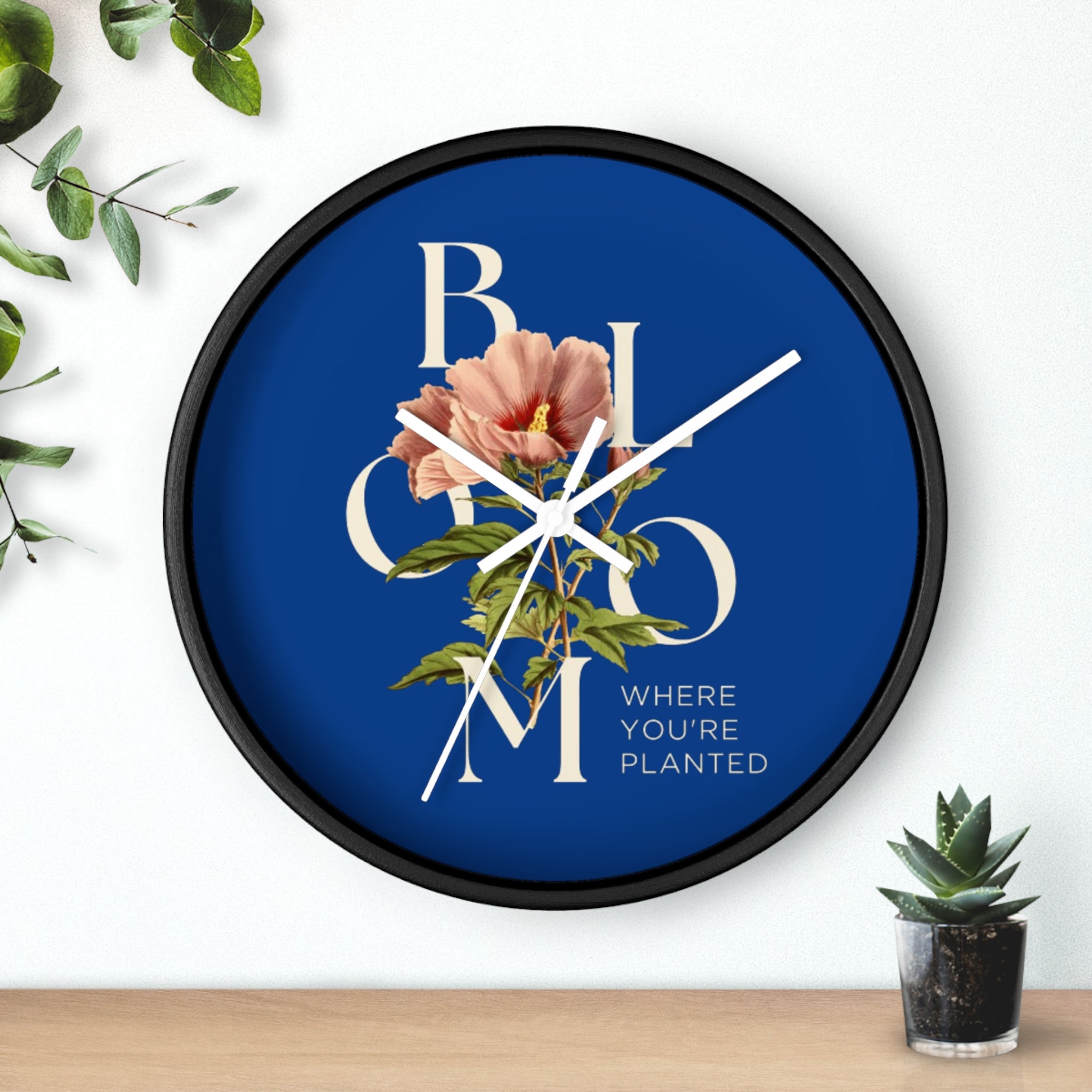 Blue Floral Wall Clock: Bloom Where You’re Planted, Home Decor, Gifts for Plant Lovers, Motivational Wall Art, Modern Timepiece, Flower Design