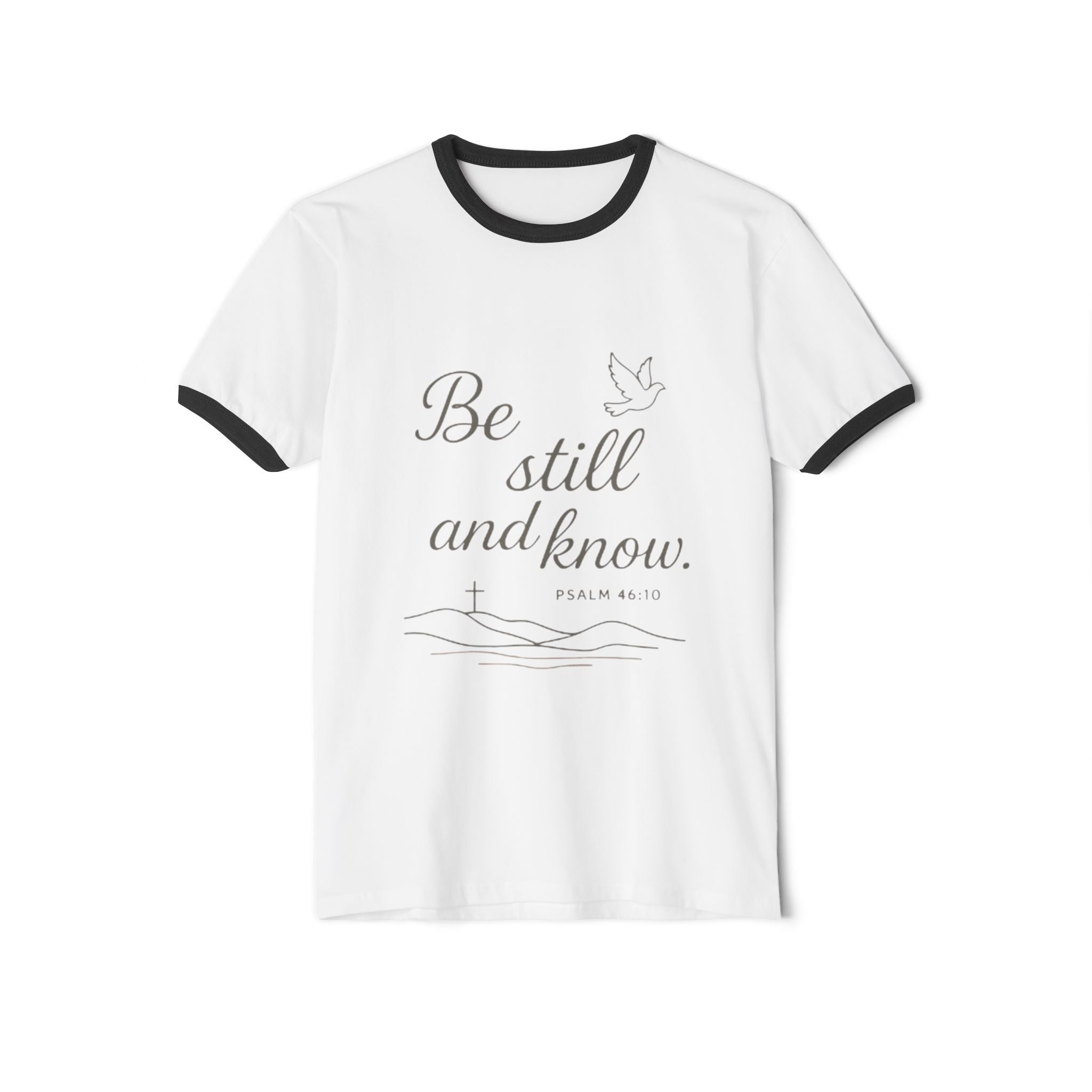 Faith-Inspired Cotton Ringer T-Shirt, Psalm 46:10 Design, Unisex Tee, Daily Wear, Christian Gift, Inspirational Apparel