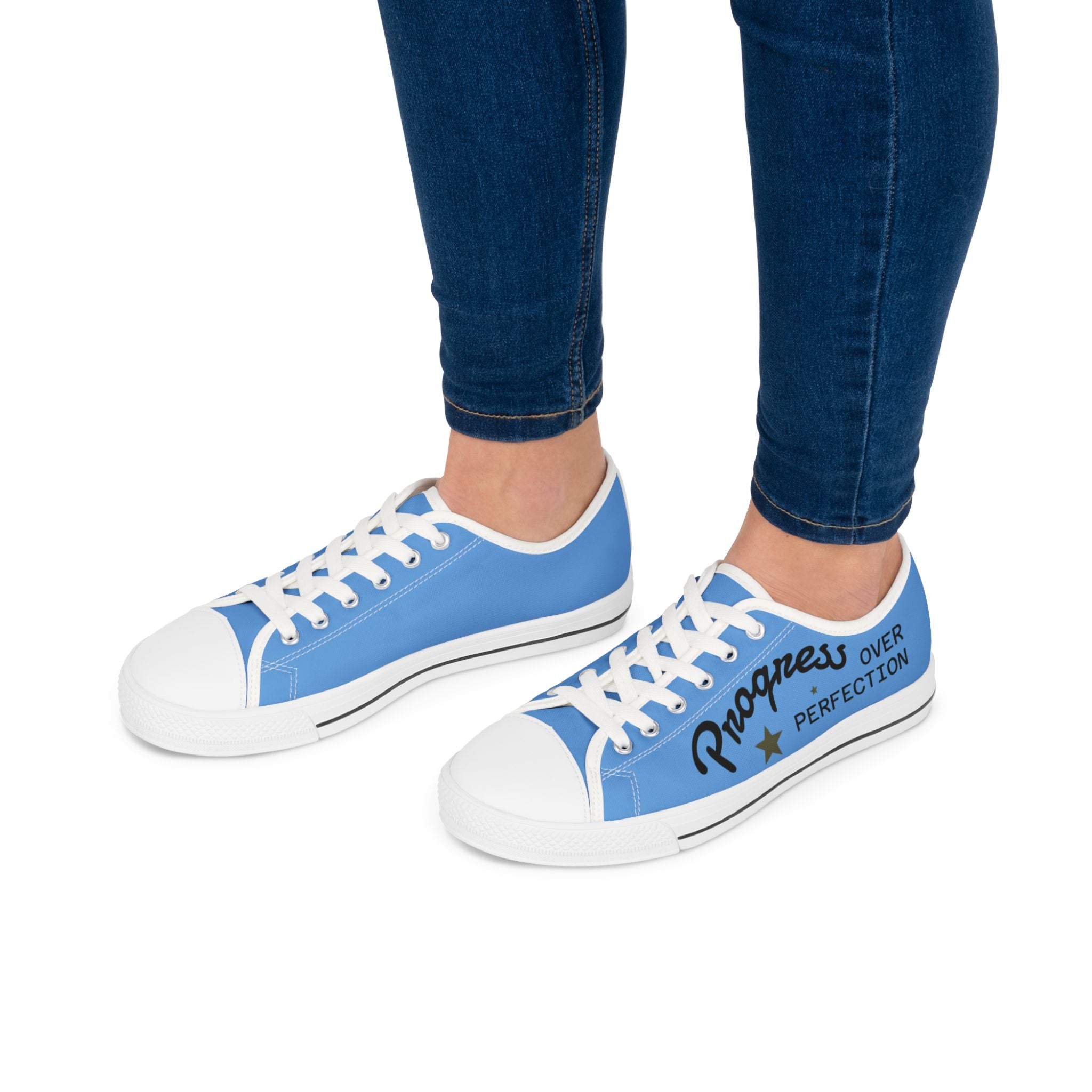 Blue Stylish Women's Low Top Sneakers - Casual, Comfortable, Everyday Wear, Perfect for Summer, Striped Sneakers, Trendy Footwear **Progress Over Perfection"