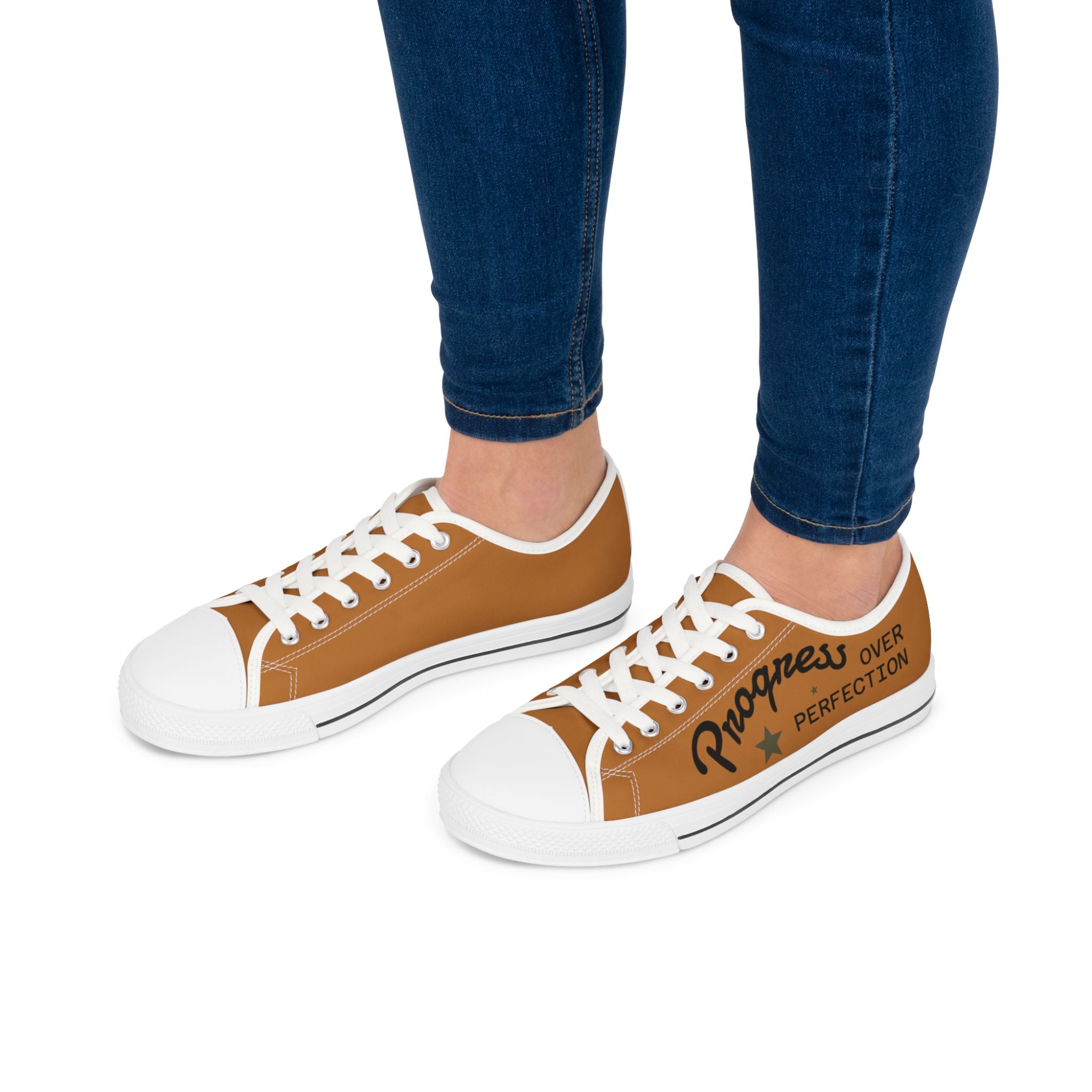 Brown Stylish Women's Low Top Sneakers - Casual, Comfortable, Everyday Wear, Perfect for Summer, Striped Sneakers, Trendy Footwear **Progress Over Perfection"