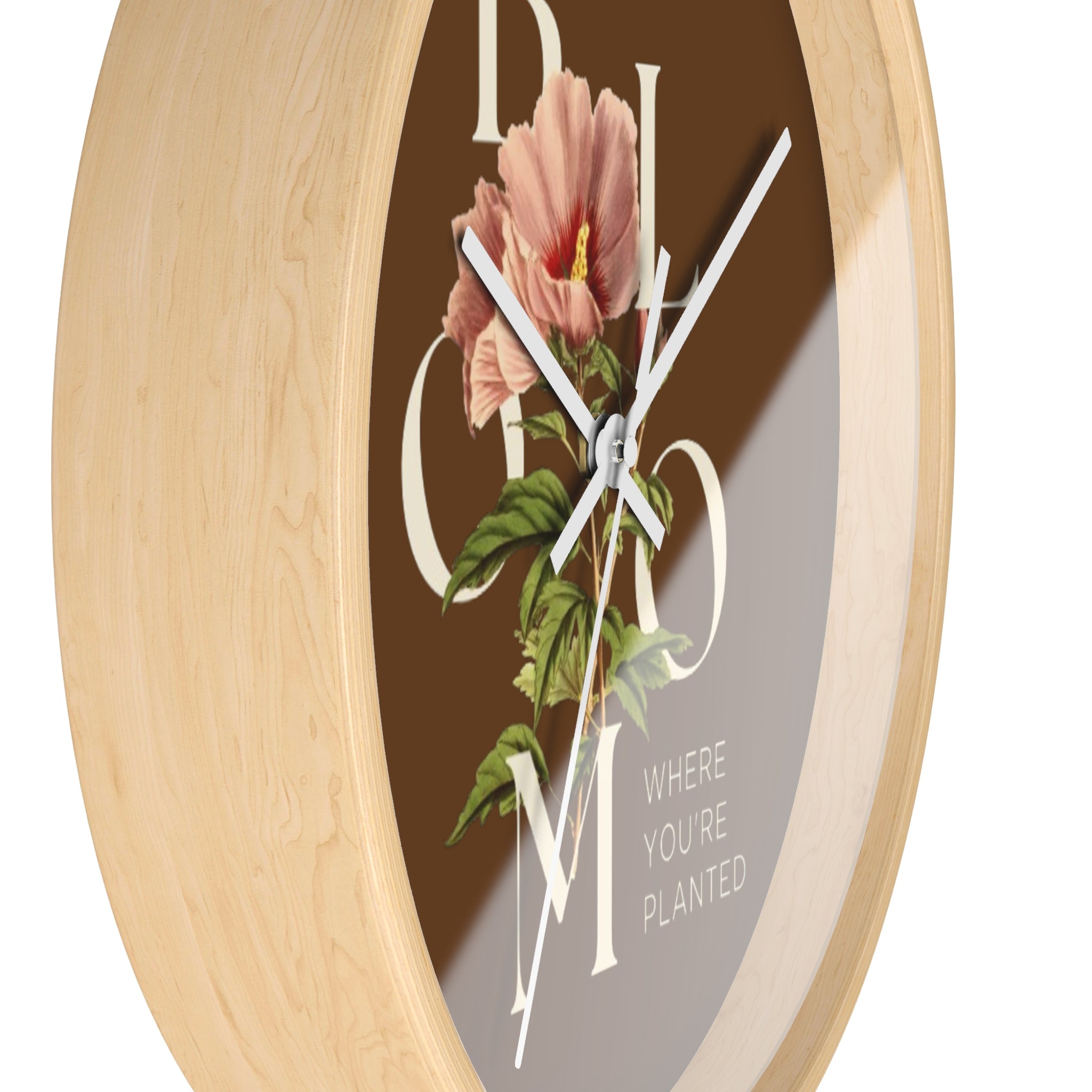 Brown Floral Wall Clock: Bloom Where You’re Planted, Home Decor, Gifts for Plant Lovers, Motivational Wall Art, Modern Timepiece, Flower Design