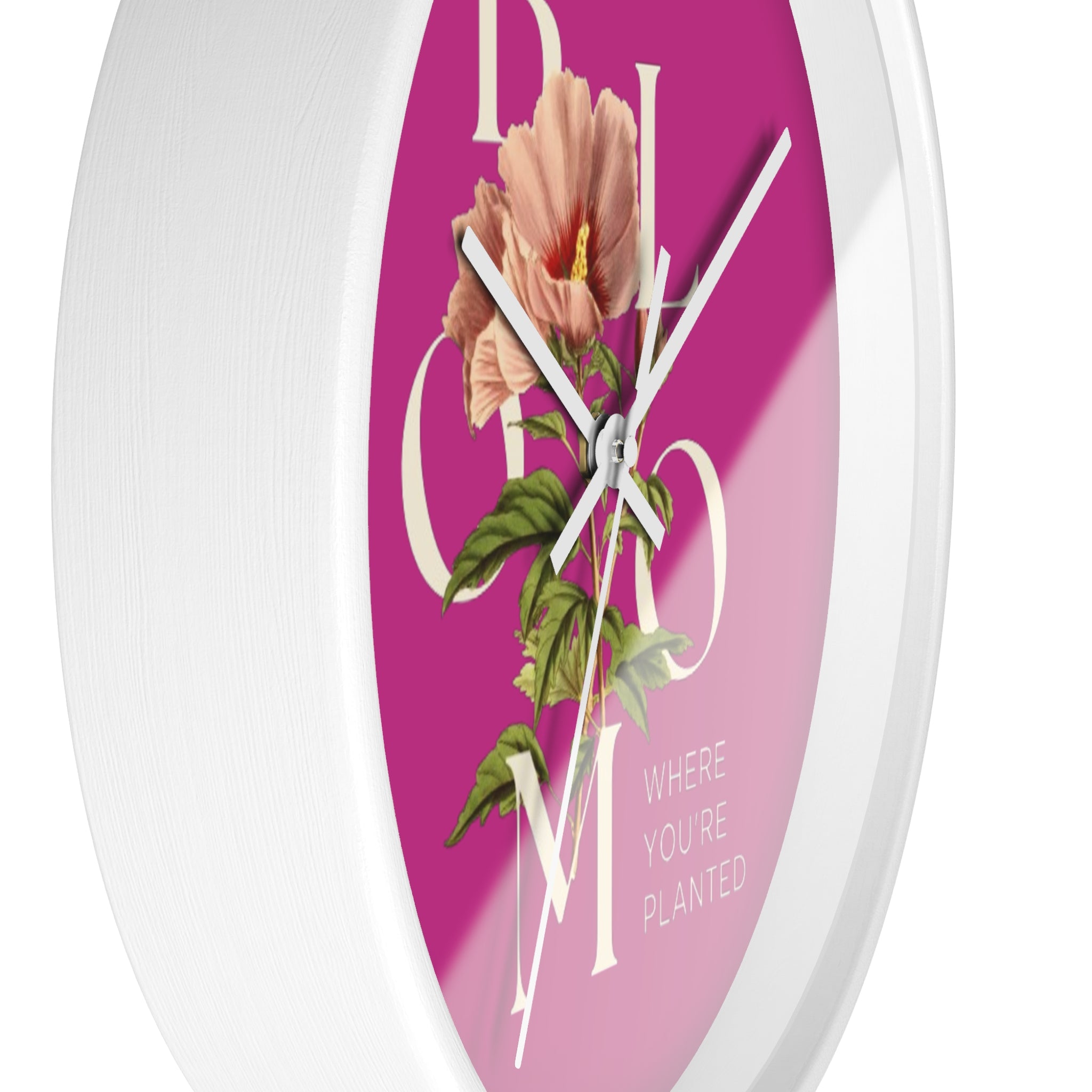 Pink Floral Wall Clock: Bloom Where You’re Planted, Home Decor, Gifts for Plant Lovers, Motivational Wall Art, Modern Timepiece, Flower Design