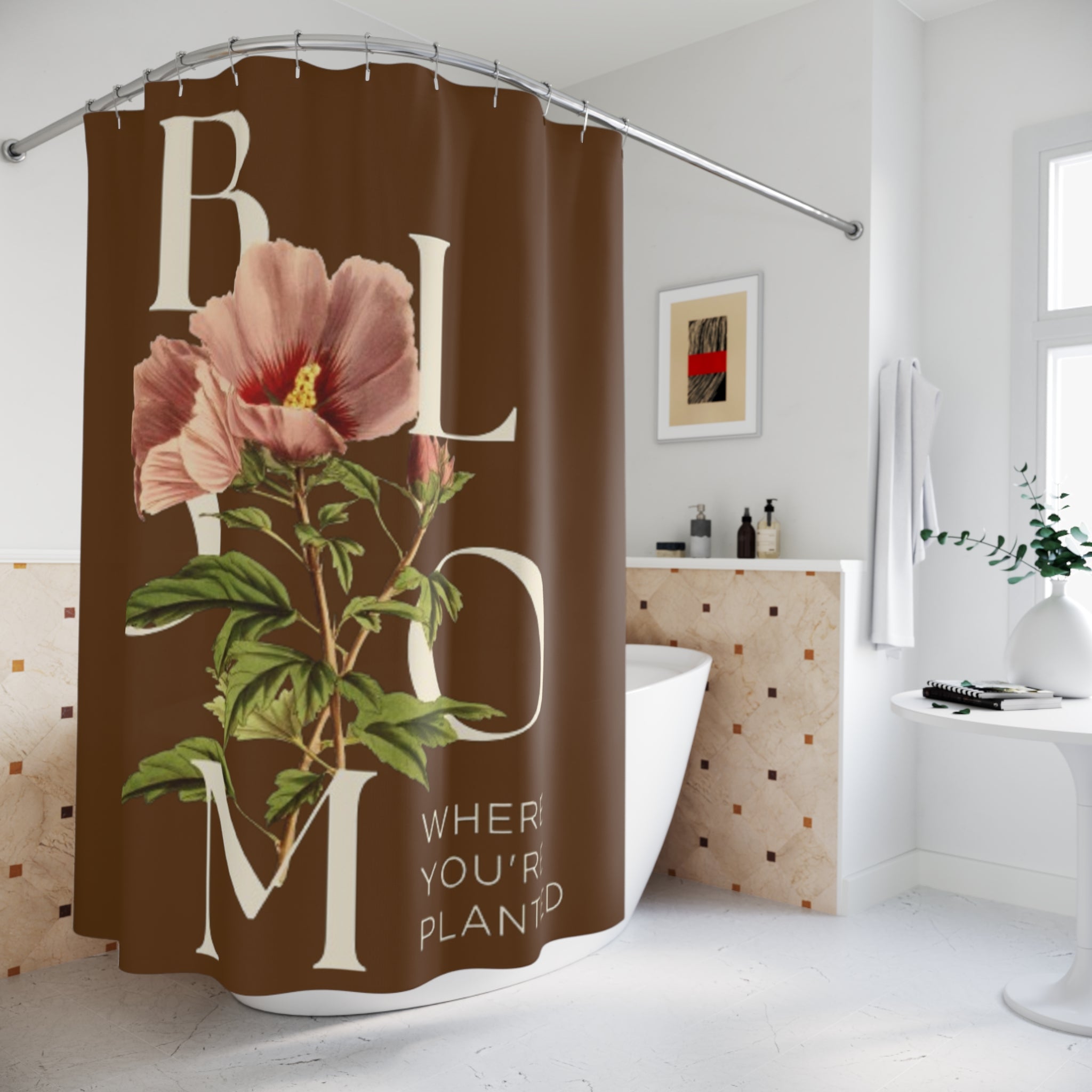 Brown Bloom Where You're Planted Shower Curtain, Floral Bathroom Decor, Boho Home Decor, Gift for Flower Lovers, Unique Bathroom Makeover