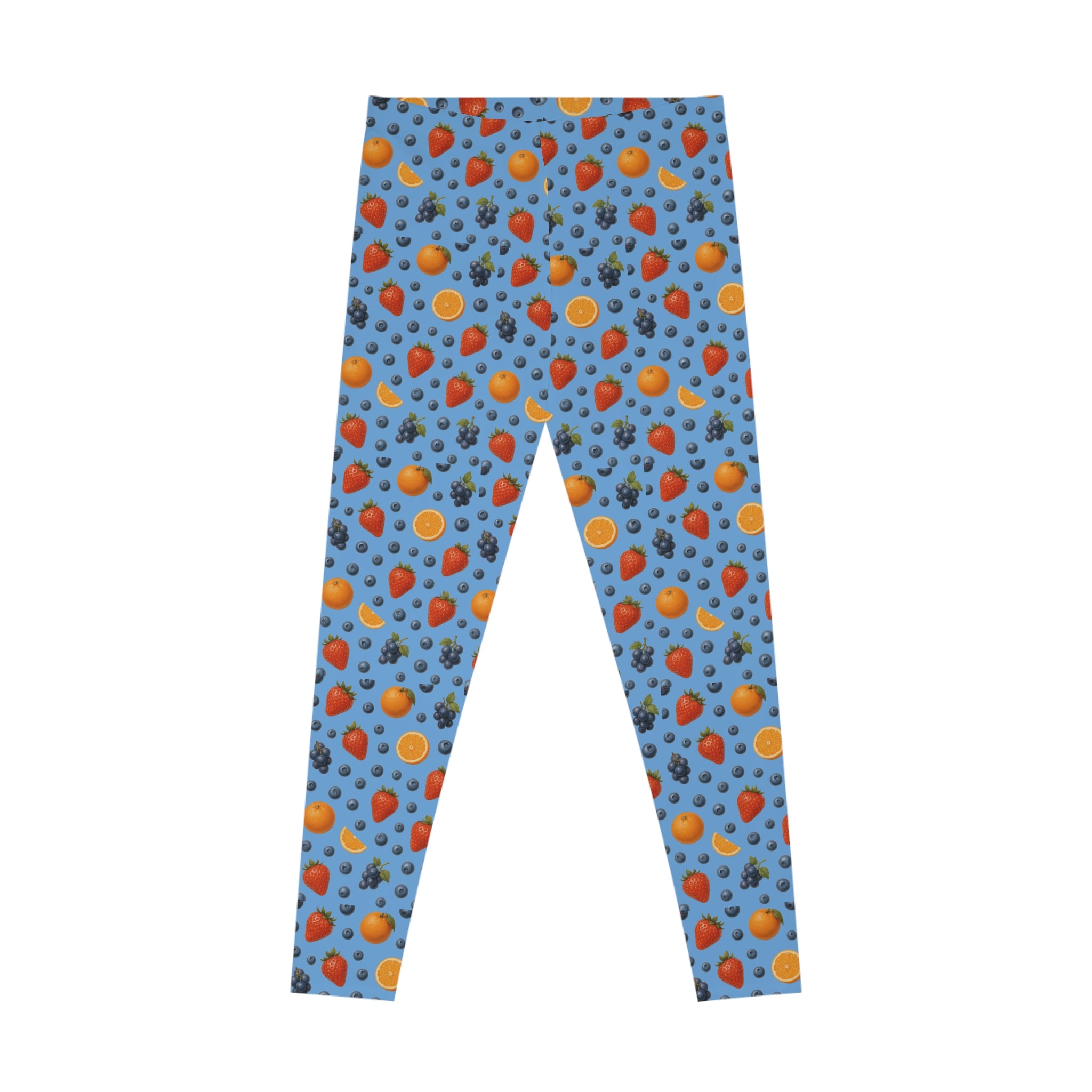 Blue Fruity Stretchy Leggings, Colorful Workout Pants, Yoga Tights, Casual Spring Wear, Fitness Apparel, Summer Fashion