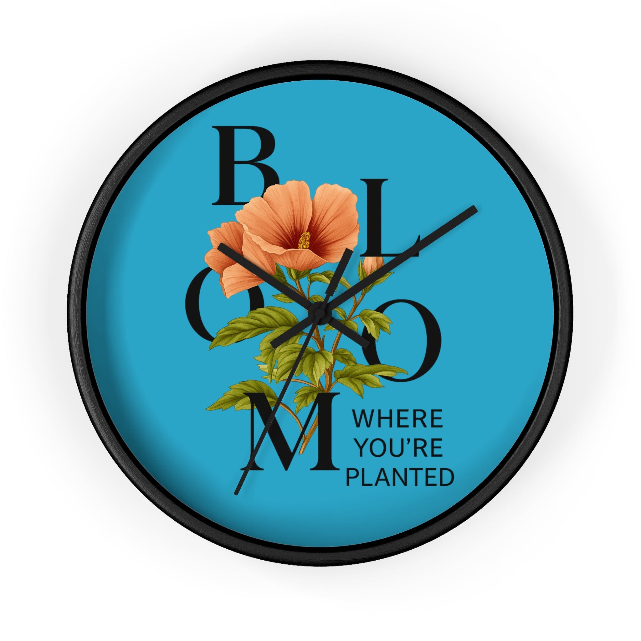 Turquoise Bloom Where You're Planted Wall Clock, Floral Home Decor, Botanical Gift, Inspirational Wall Art, Modern Timepiece