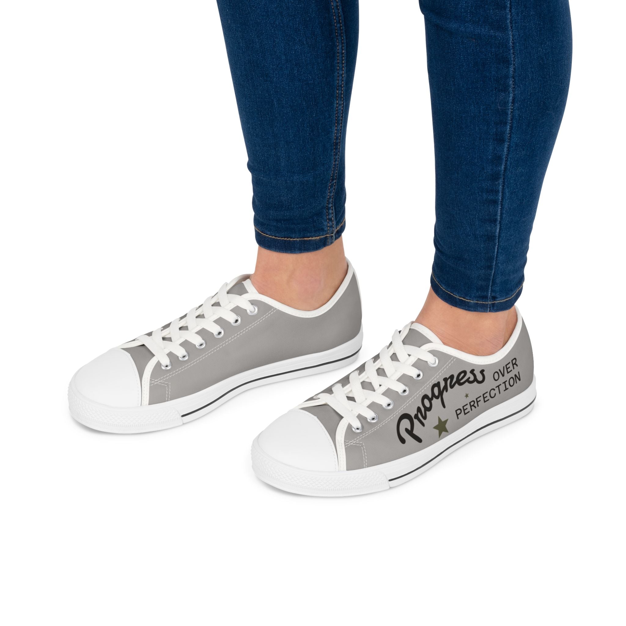 Grey Stylish Women's Low Top Sneakers **Progress over Perfection** - Casual, Comfortable, Everyday Wear, Perfect for Summer, Striped Sneakers, Trendy Footwear **Progress Over Perfection"