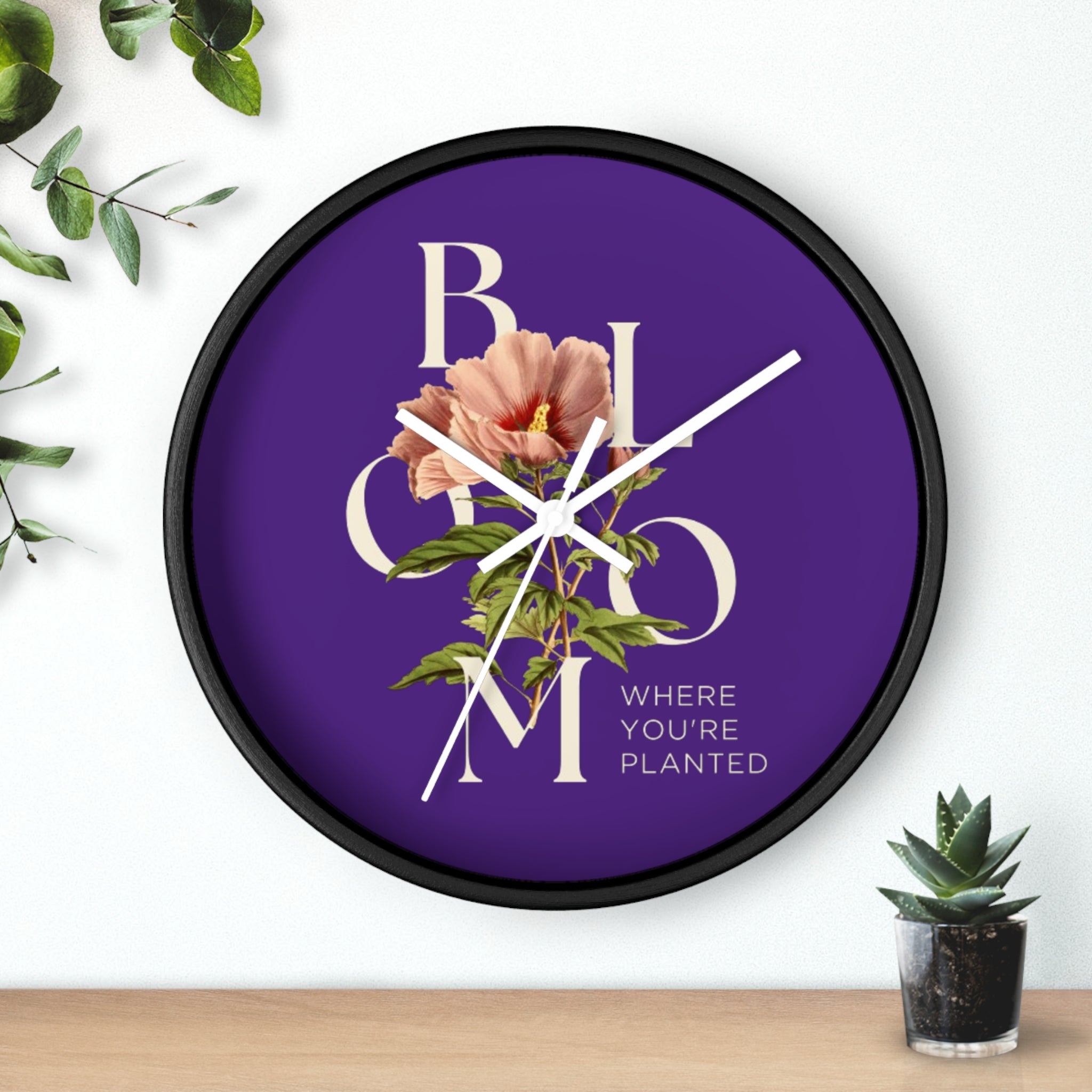 Purple Floral Wall Clock: Bloom Where You’re Planted, Home Decor, Gifts for Plant Lovers, Motivational Wall Art, Modern Timepiece, Flower Design