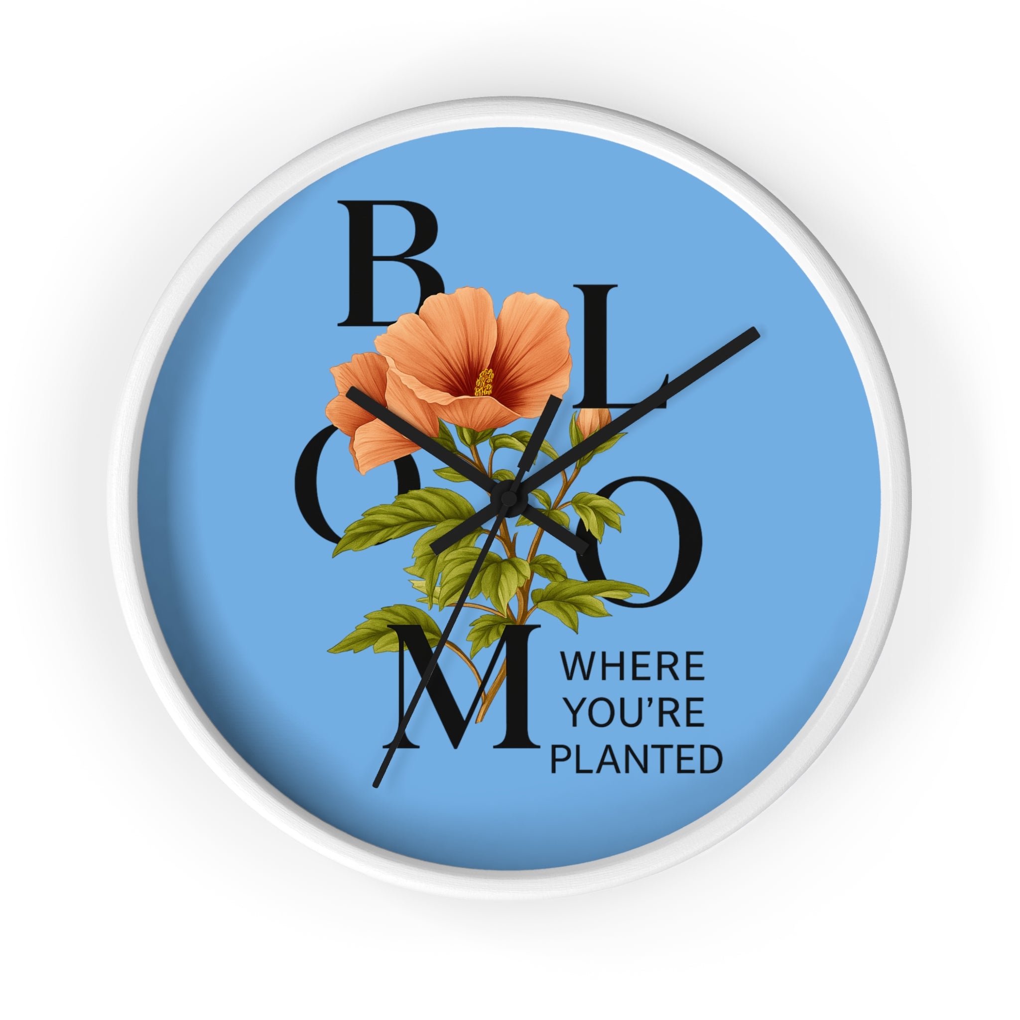 Blue Bloom Where You're Planted Wall Clock, Floral Home Decor, Botanical Gift, Inspirational Wall Art, Modern Timepiece