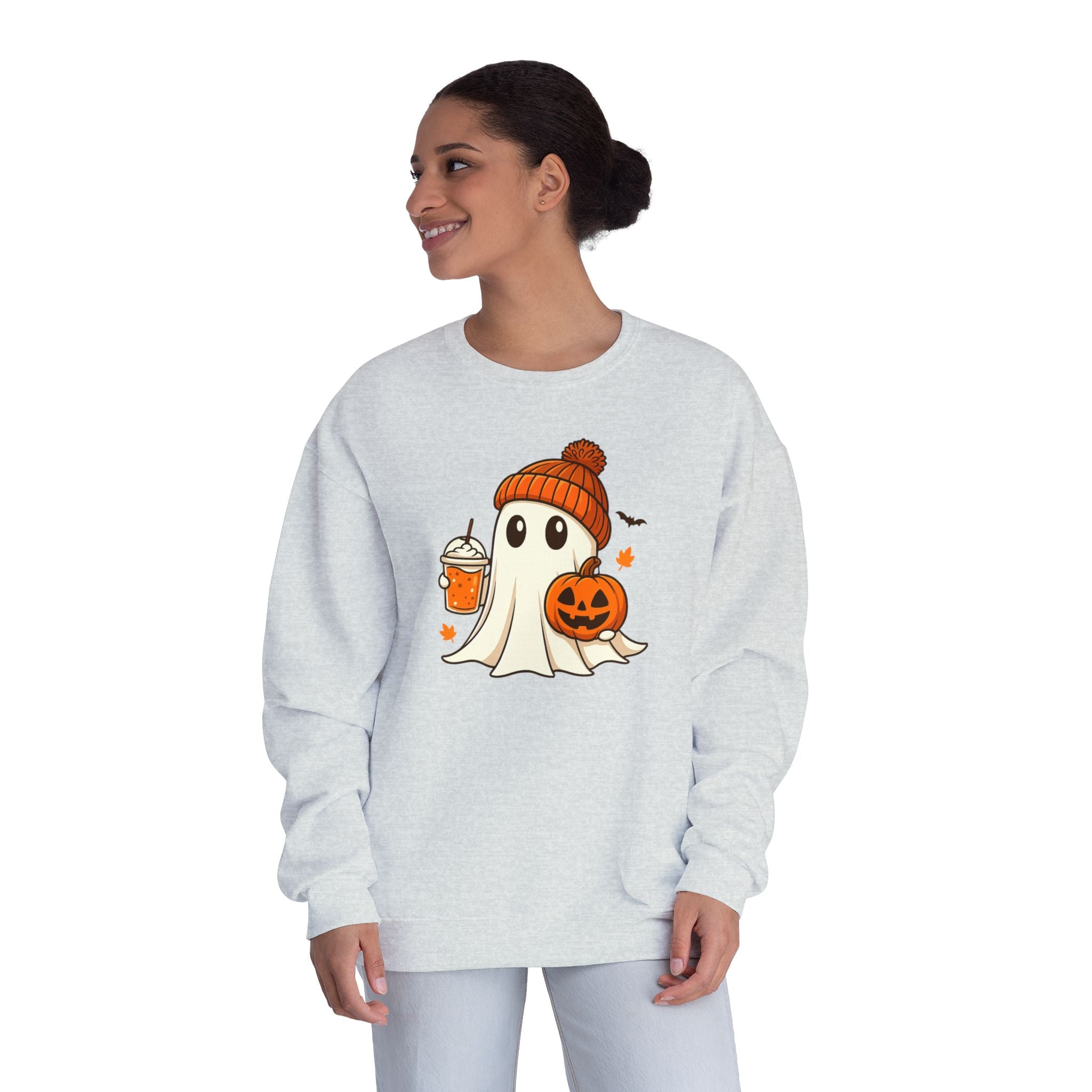 Cozy Halloween Sweatshirt, Ghost Design Crewneck, Fall Fashion, Unisex Sweater for Spooky Season, Pumpkin & Ghost Apparel
