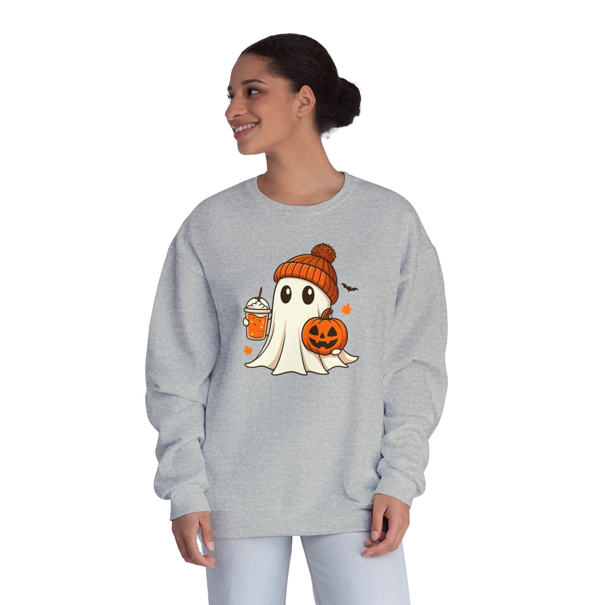 Cozy Halloween Sweatshirt, Ghost Design Crewneck, Fall Fashion, Unisex Sweater for Spooky Season, Pumpkin & Ghost Apparel