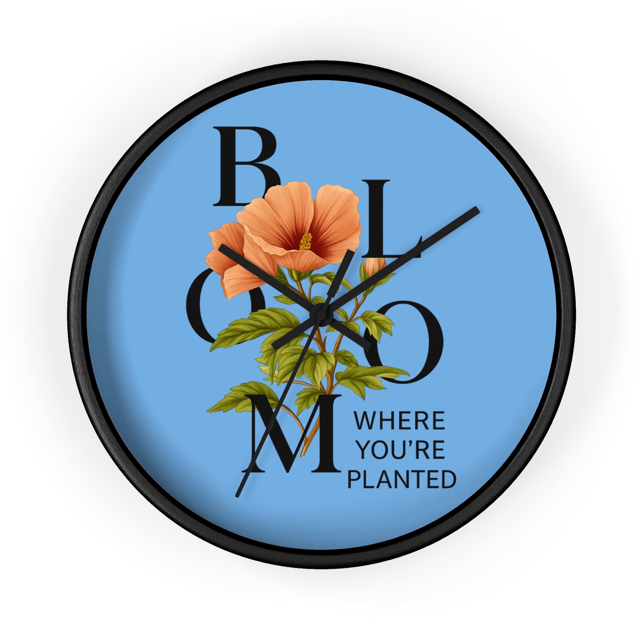 Blue Bloom Where You're Planted Wall Clock, Floral Home Decor, Botanical Gift, Inspirational Wall Art, Modern Timepiece