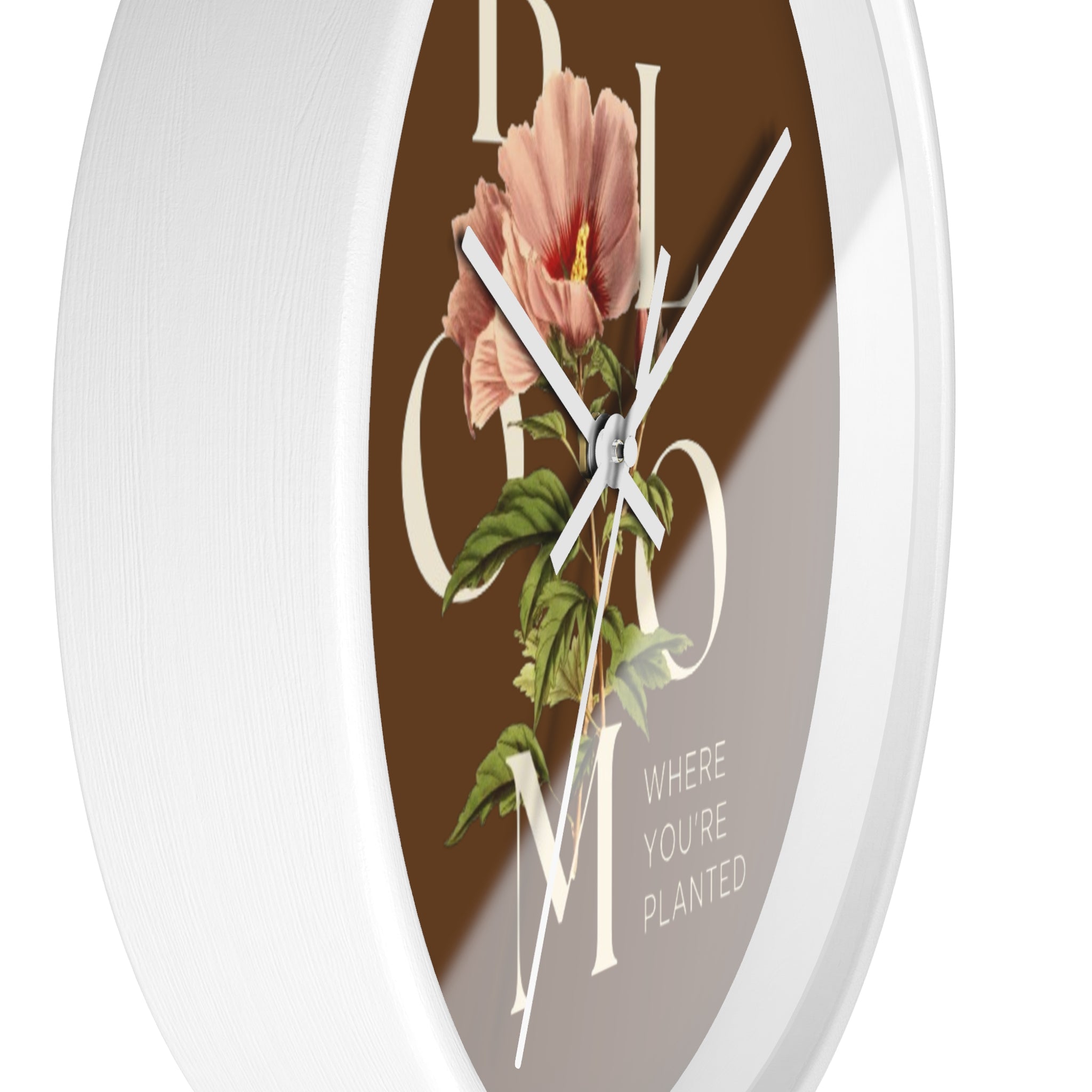Brown Floral Wall Clock: Bloom Where You’re Planted, Home Decor, Gifts for Plant Lovers, Motivational Wall Art, Modern Timepiece, Flower Design