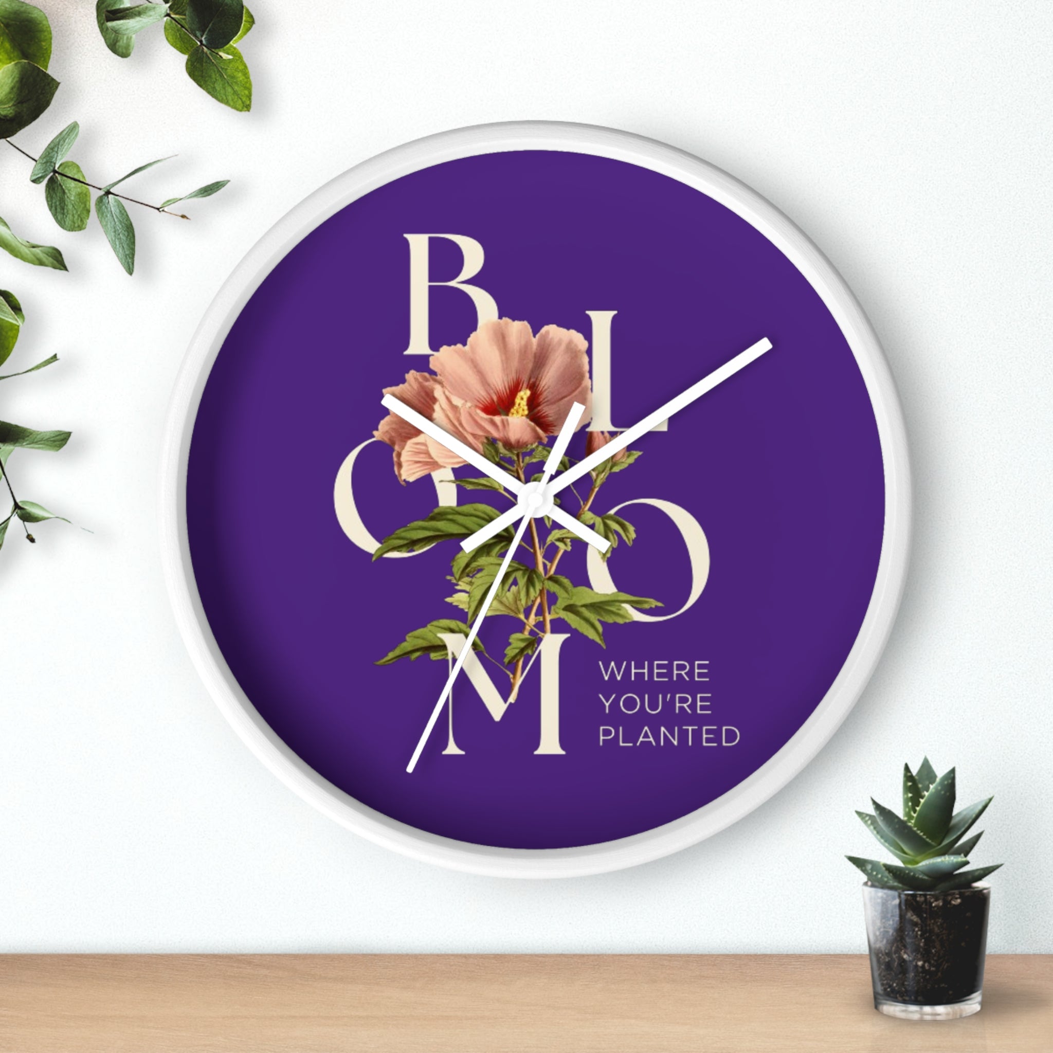 Purple Floral Wall Clock: Bloom Where You’re Planted, Home Decor, Gifts for Plant Lovers, Motivational Wall Art, Modern Timepiece, Flower Design
