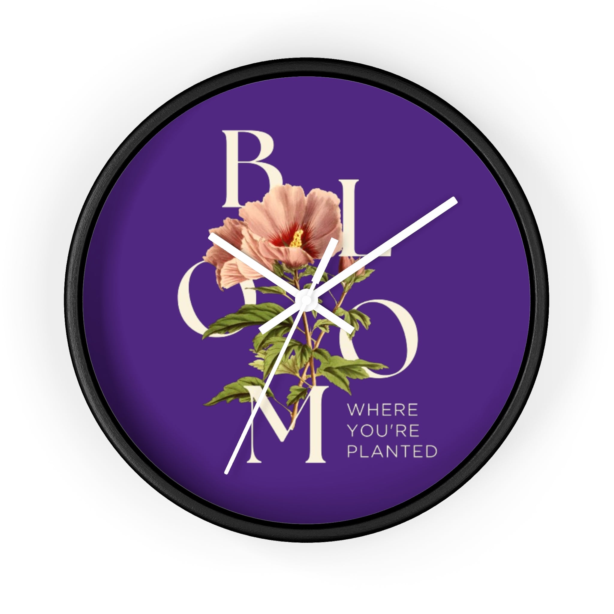 Purple Floral Wall Clock: Bloom Where You’re Planted, Home Decor, Gifts for Plant Lovers, Motivational Wall Art, Modern Timepiece, Flower Design