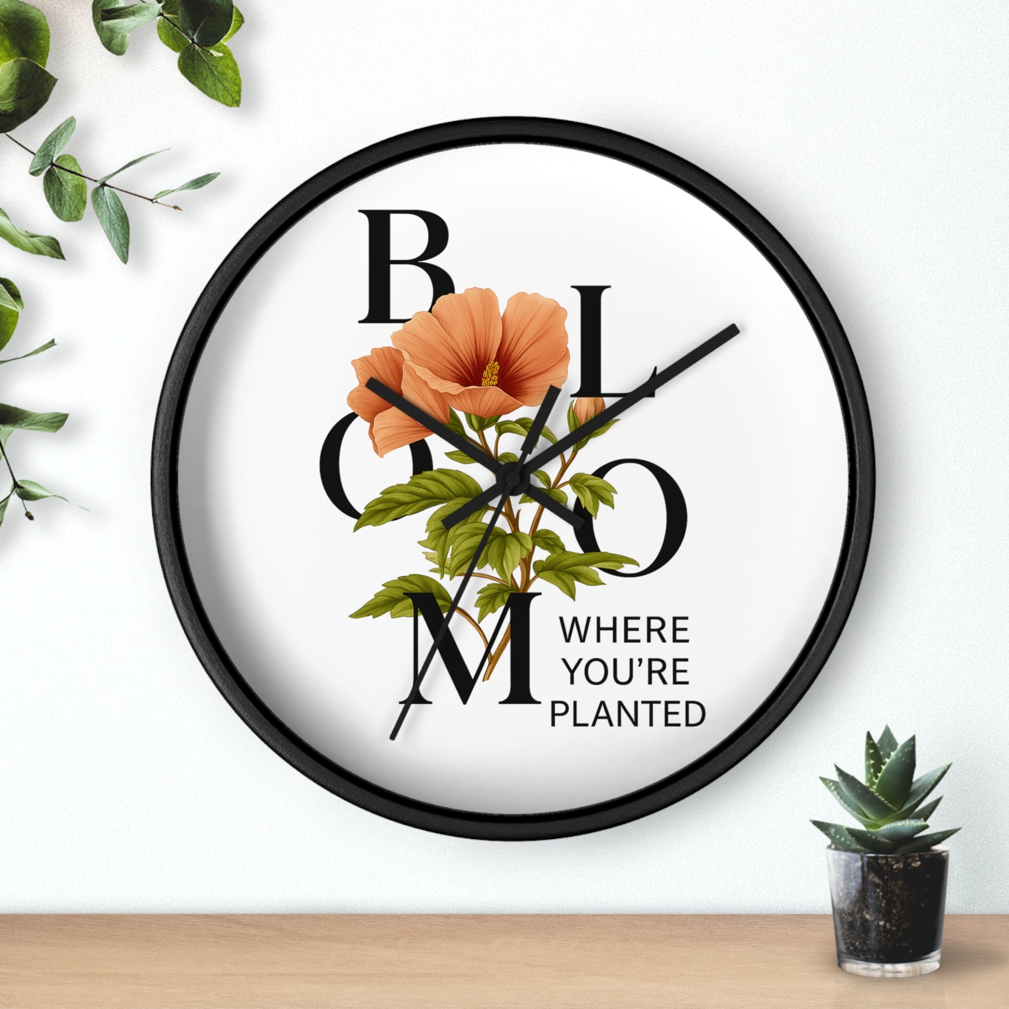 Bloom Where You're Planted Wall Clock, Floral Home Decor, Botanical Gift, Inspirational Wall Art, Modern Timepiece