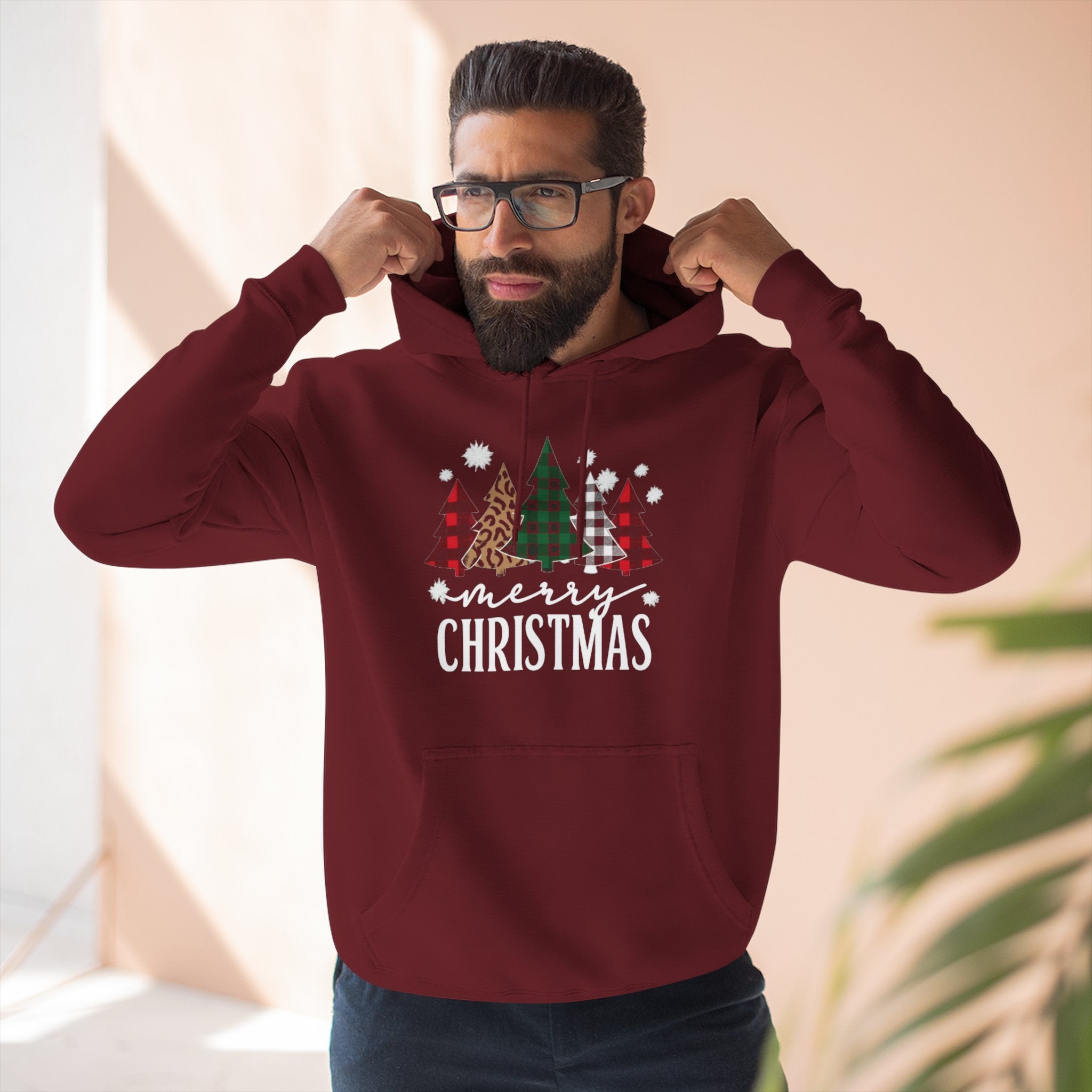 Merry Christmas Three-Panel Fleece Hoodie, Holiday Sweatshirt, Winter Wear, Cozy Gift, Christmas Apparel, Festive Hoodie