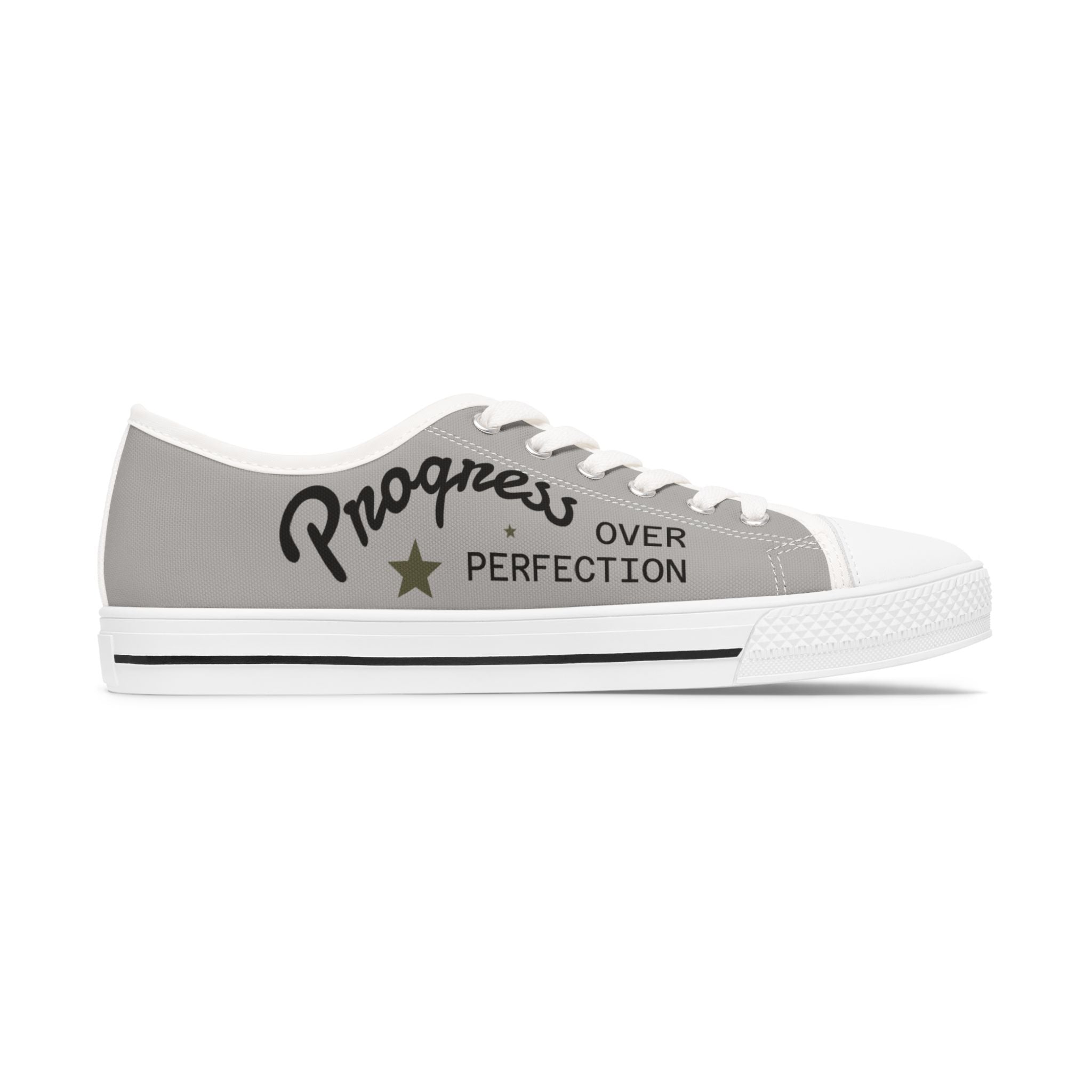 Grey Stylish Women's Low Top Sneakers **Progress over Perfection** - Casual, Comfortable, Everyday Wear, Perfect for Summer, Striped Sneakers, Trendy Footwear **Progress Over Perfection"