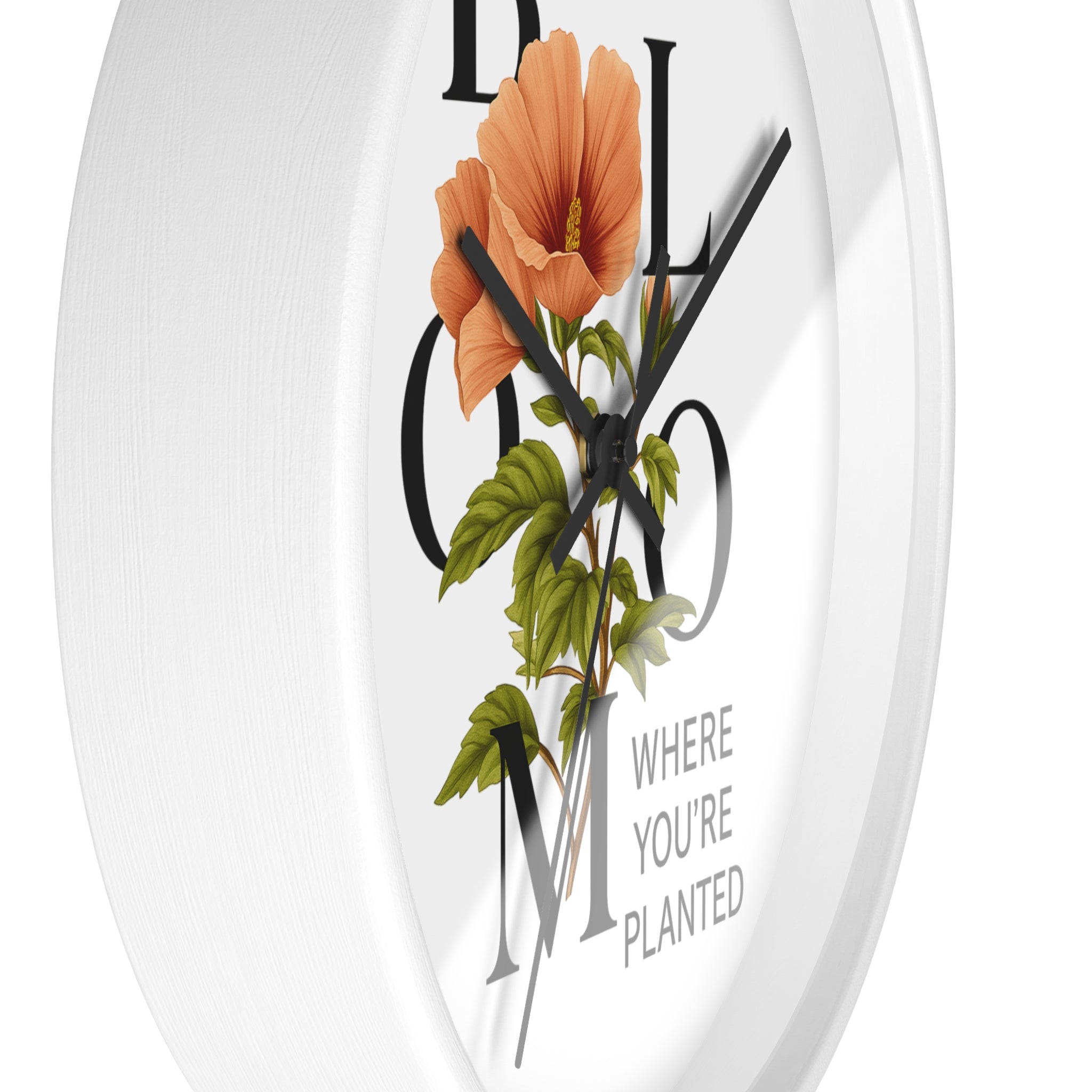 Bloom Where You're Planted Wall Clock, Floral Home Decor, Botanical Gift, Inspirational Wall Art, Modern Timepiece