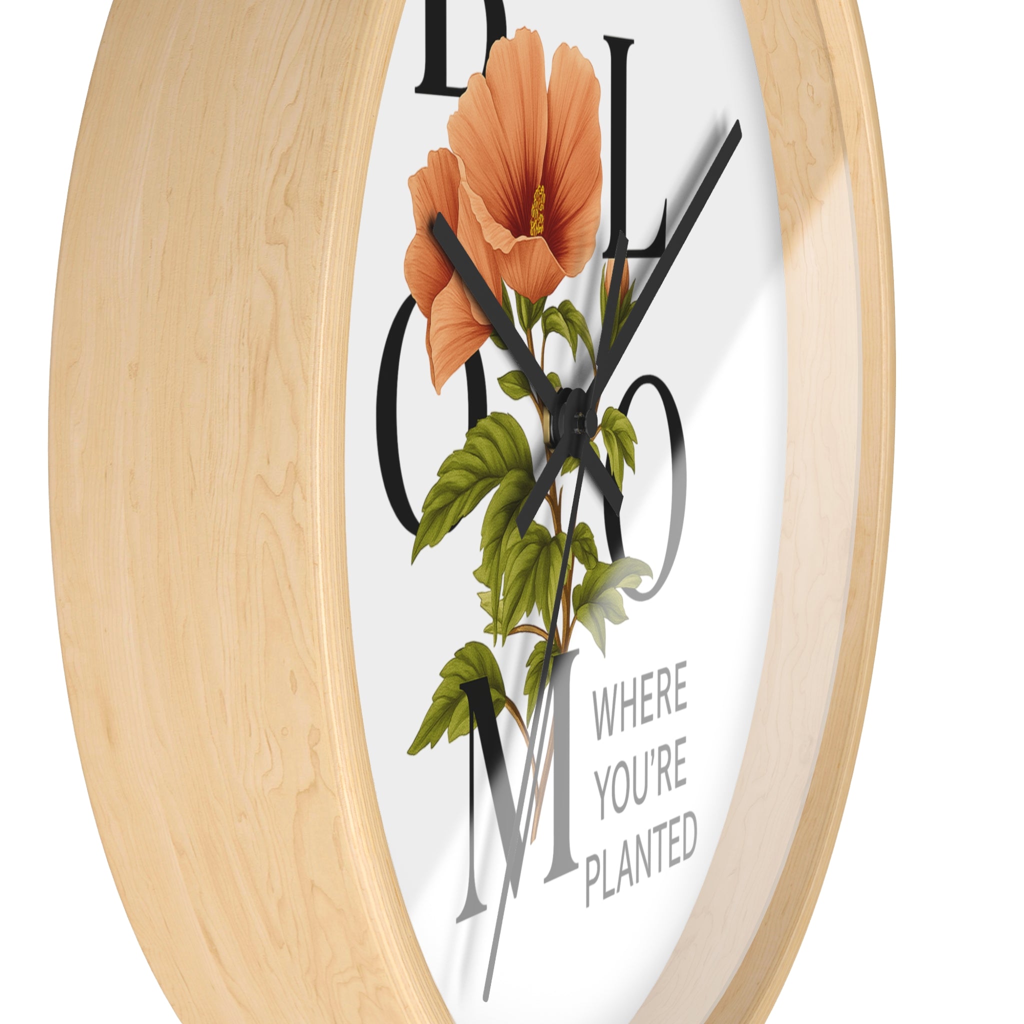 Bloom Where You're Planted Wall Clock, Floral Home Decor, Botanical Gift, Inspirational Wall Art, Modern Timepiece