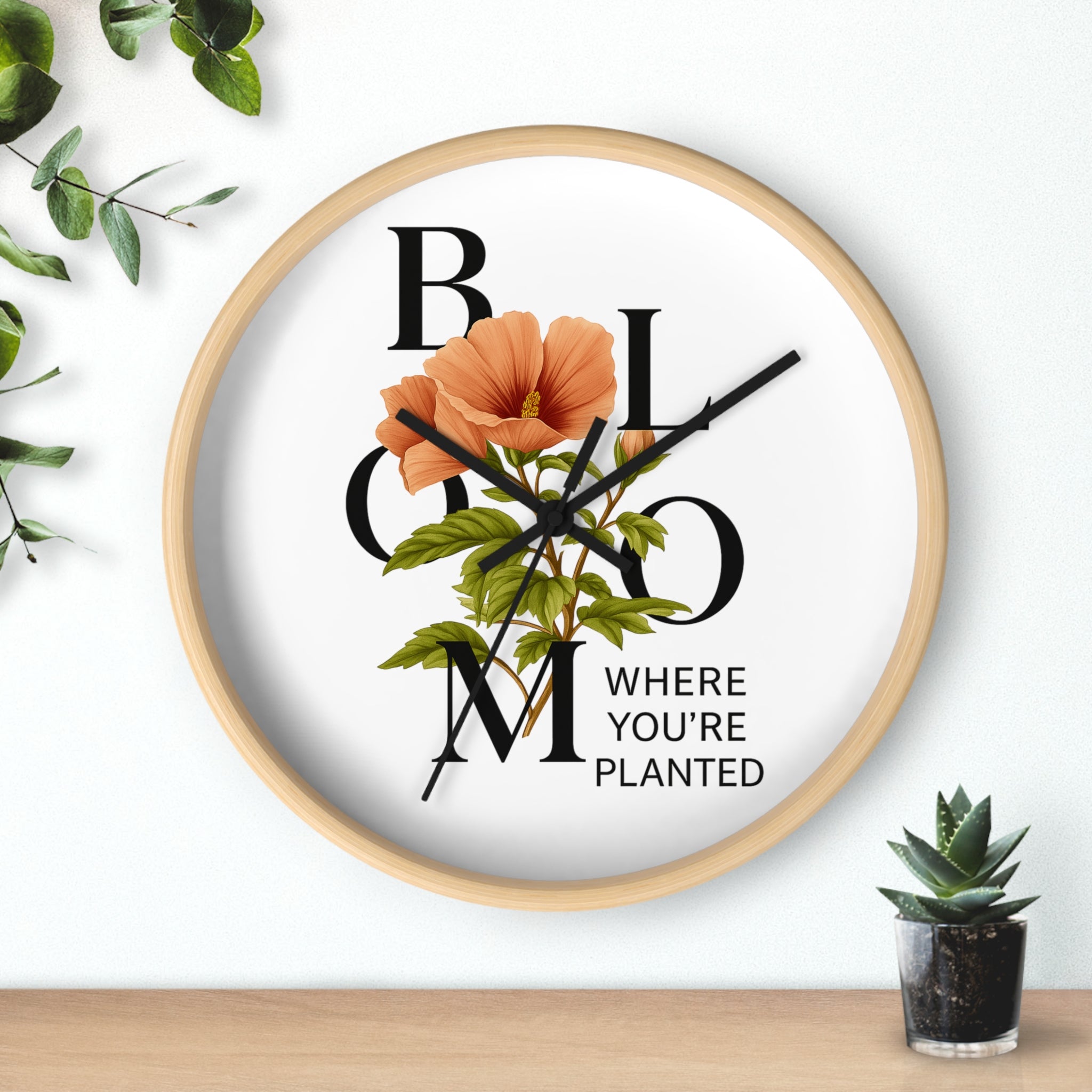 Bloom Where You're Planted Wall Clock, Floral Home Decor, Botanical Gift, Inspirational Wall Art, Modern Timepiece