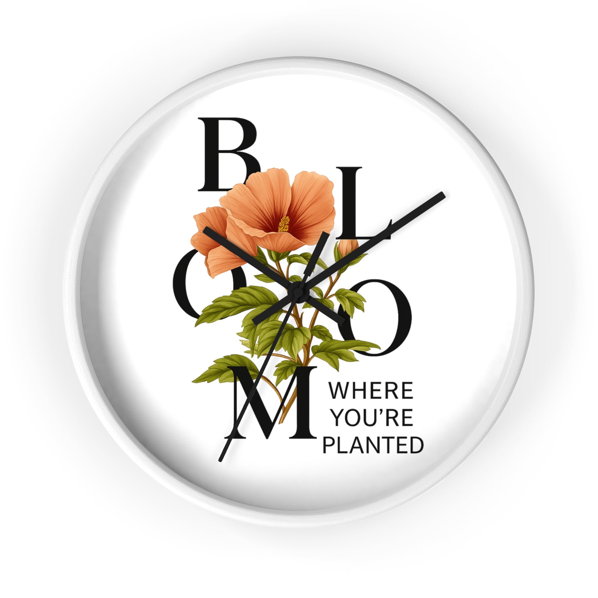 Bloom Where You're Planted Wall Clock, Floral Home Decor, Botanical Gift, Inspirational Wall Art, Modern Timepiece