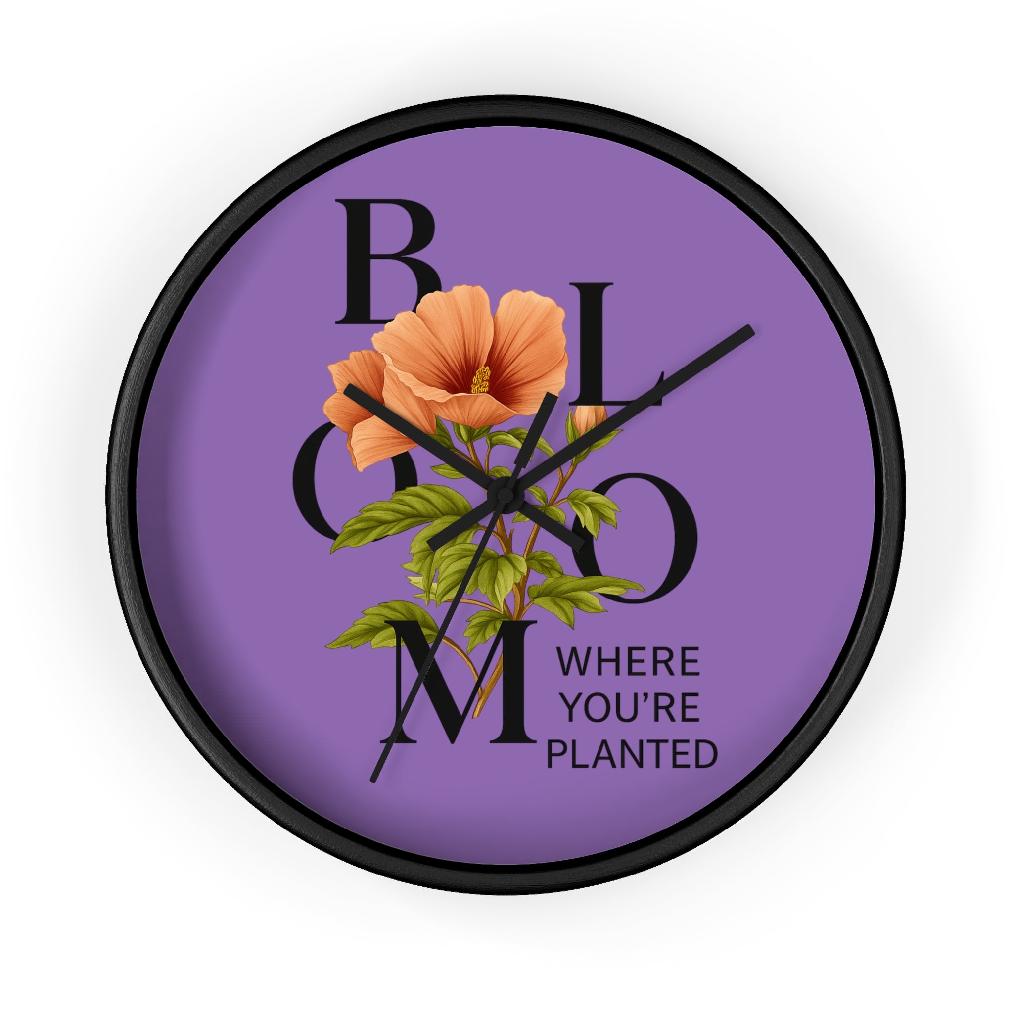 Purple Bloom Where You're Planted Wall Clock, Floral Home Decor, Botanical Gift, Inspirational Wall Art, Modern Timepiece