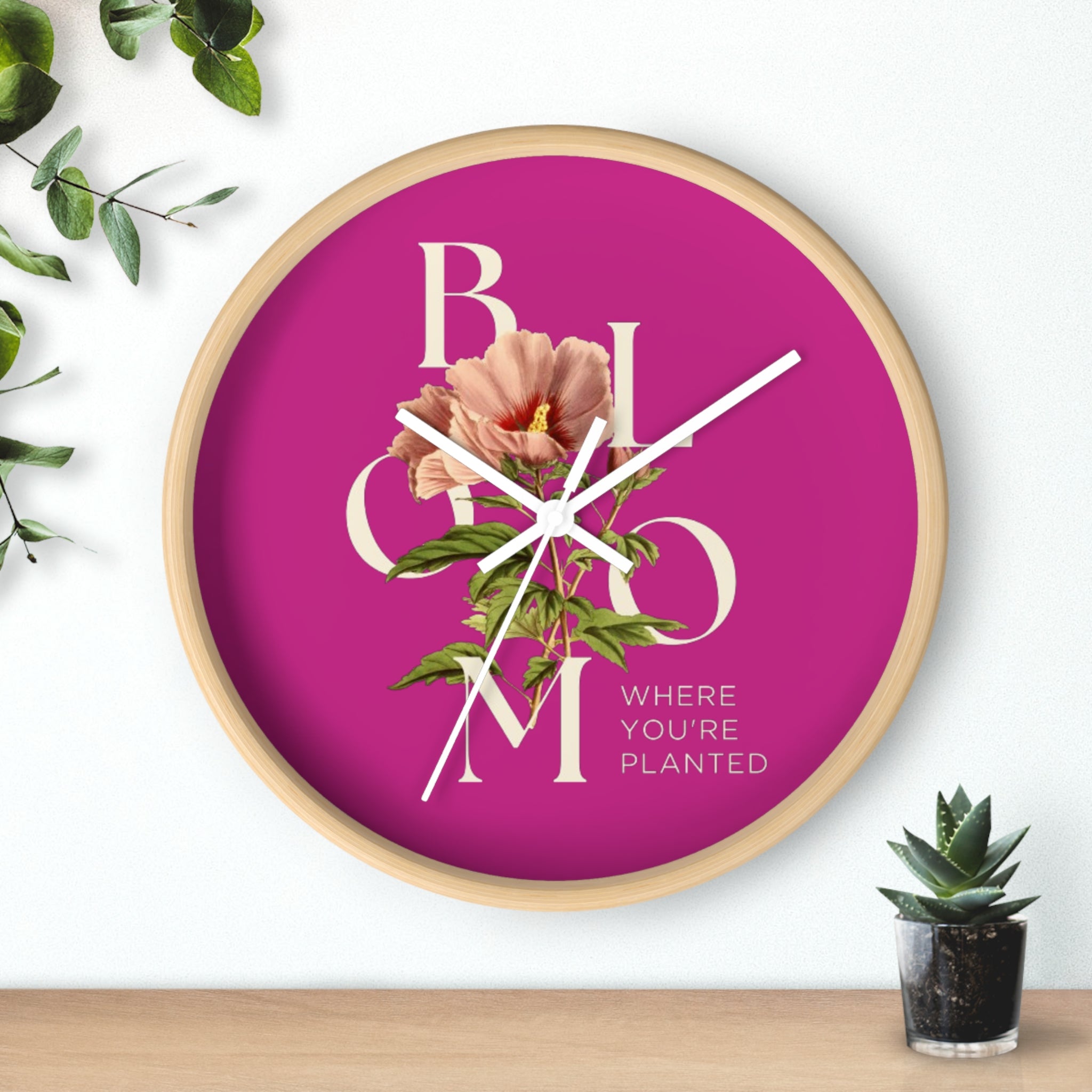 Pink Floral Wall Clock: Bloom Where You’re Planted, Home Decor, Gifts for Plant Lovers, Motivational Wall Art, Modern Timepiece, Flower Design