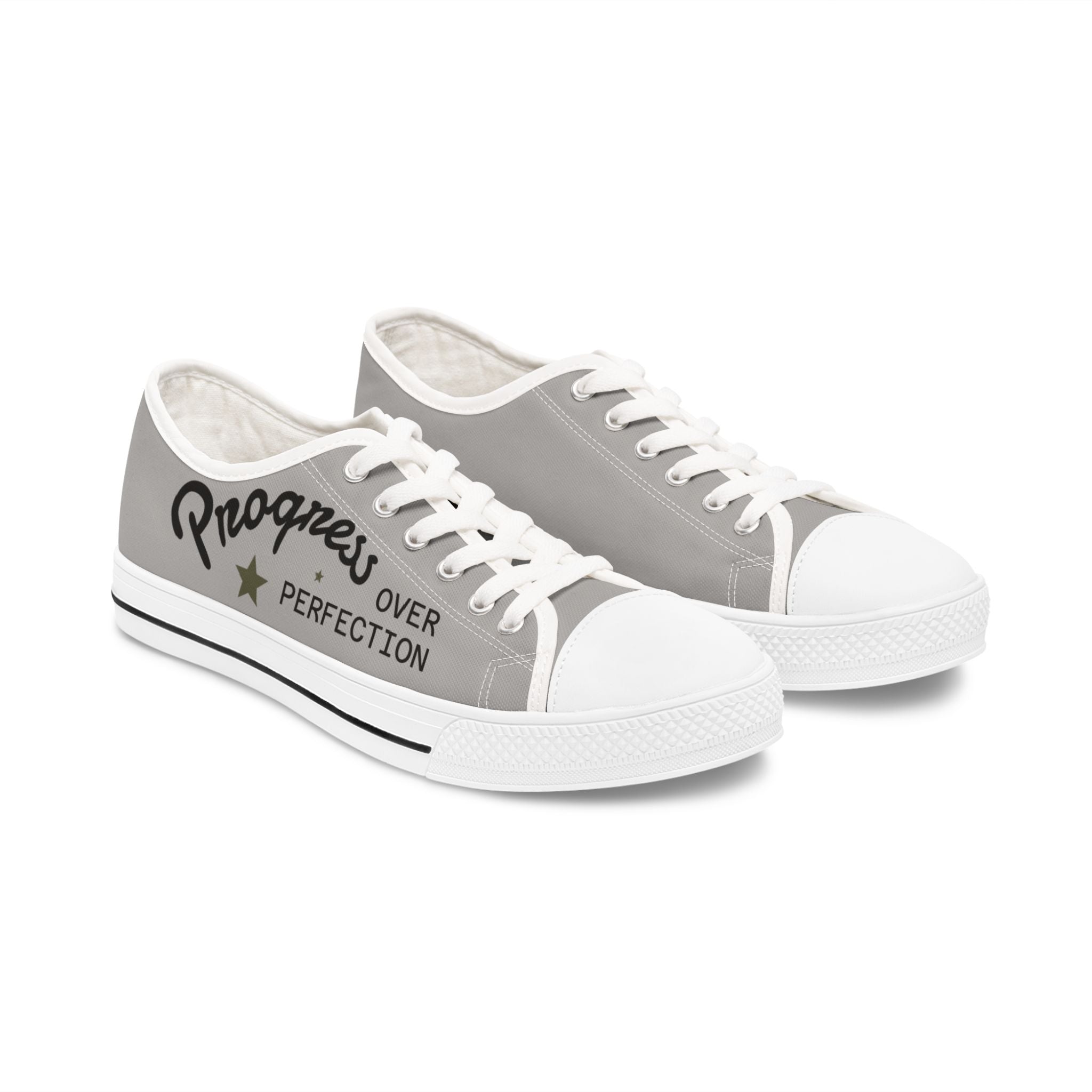 Grey Stylish Women's Low Top Sneakers **Progress over Perfection** - Casual, Comfortable, Everyday Wear, Perfect for Summer, Striped Sneakers, Trendy Footwear **Progress Over Perfection"