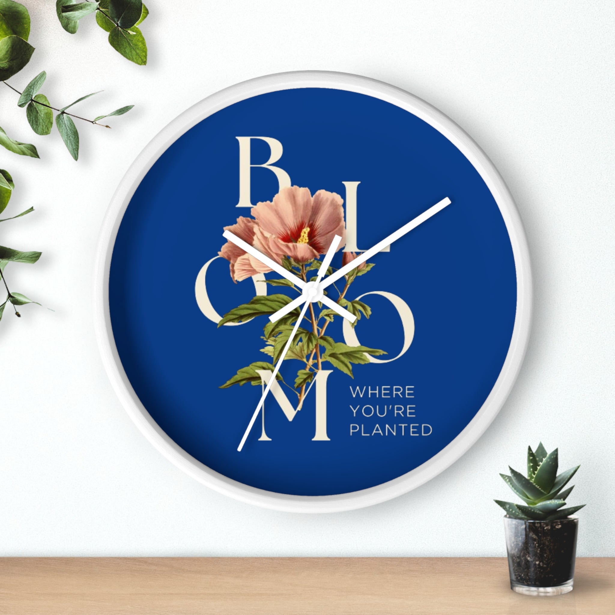 Blue Floral Wall Clock: Bloom Where You’re Planted, Home Decor, Gifts for Plant Lovers, Motivational Wall Art, Modern Timepiece, Flower Design