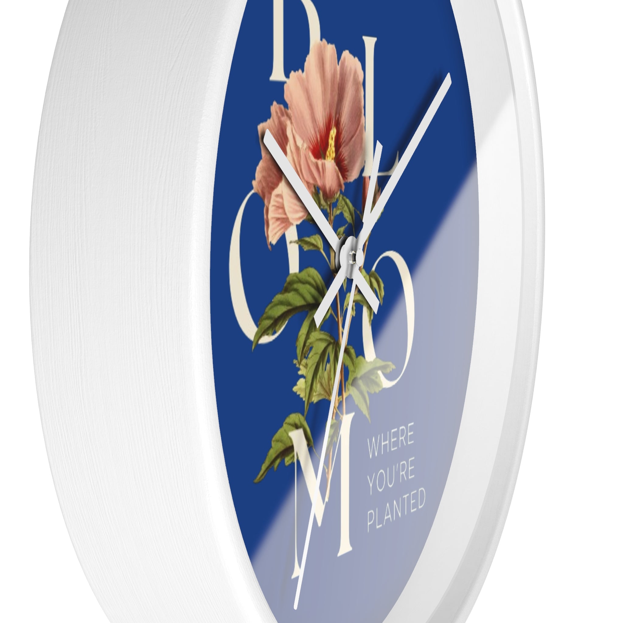 Blue Floral Wall Clock: Bloom Where You’re Planted, Home Decor, Gifts for Plant Lovers, Motivational Wall Art, Modern Timepiece, Flower Design