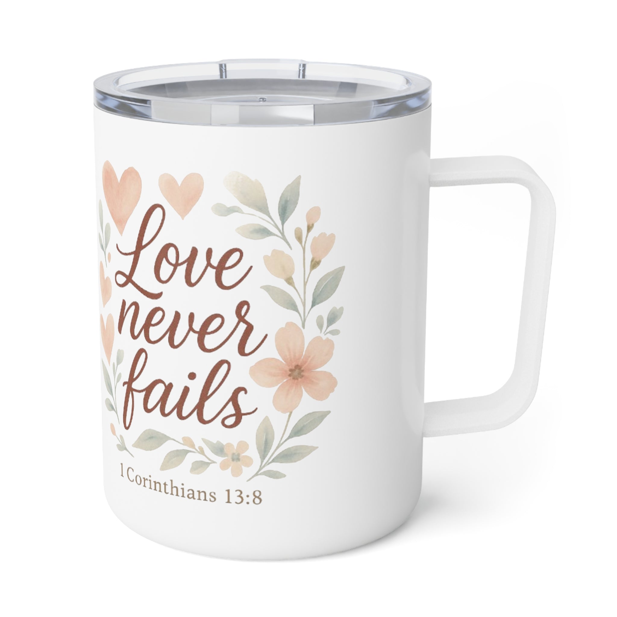 Floral Insulated Coffee Mug | Love Never Fails, Bible Verse Gift, Unique Wedding Favor, Home & Office Coffee Cup, Inspirational Drinkware