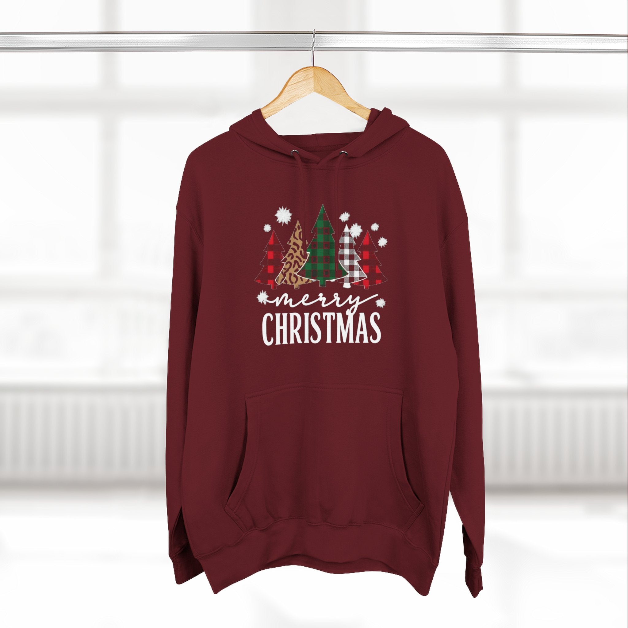 Merry Christmas Three-Panel Fleece Hoodie, Holiday Sweatshirt, Winter Wear, Cozy Gift, Christmas Apparel, Festive Hoodie