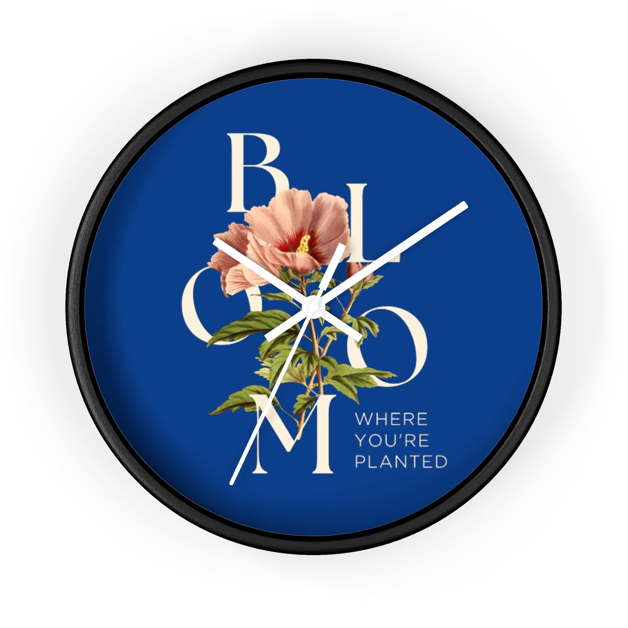 Blue Floral Wall Clock: Bloom Where You’re Planted, Home Decor, Gifts for Plant Lovers, Motivational Wall Art, Modern Timepiece, Flower Design