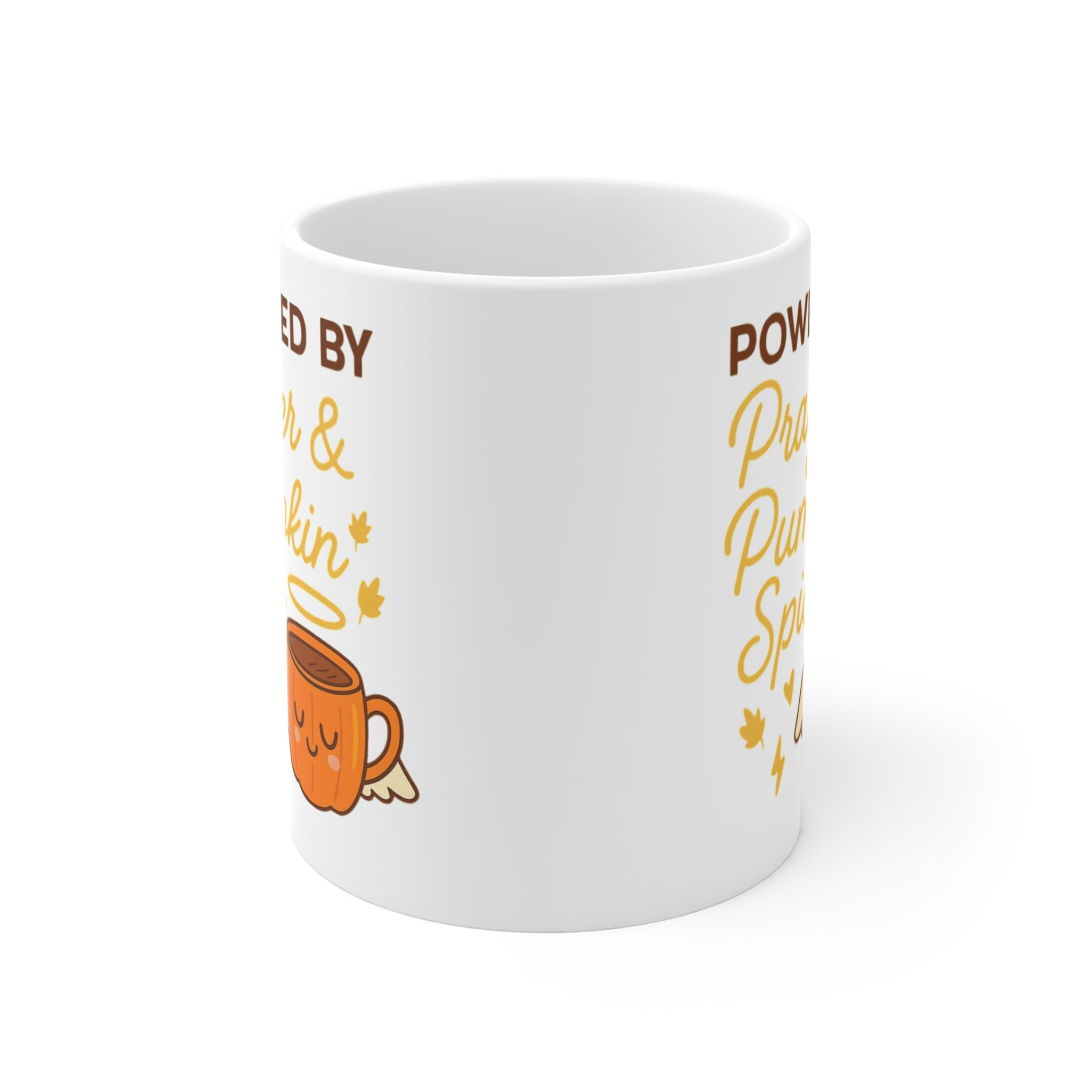 Powered by Prayer & Pumpkin Spice Mug, Fall Coffee Cup, Autumn Gift, Cozy Kitchen Decor, Thanksgiving Mug, Spooky Season Drinkware