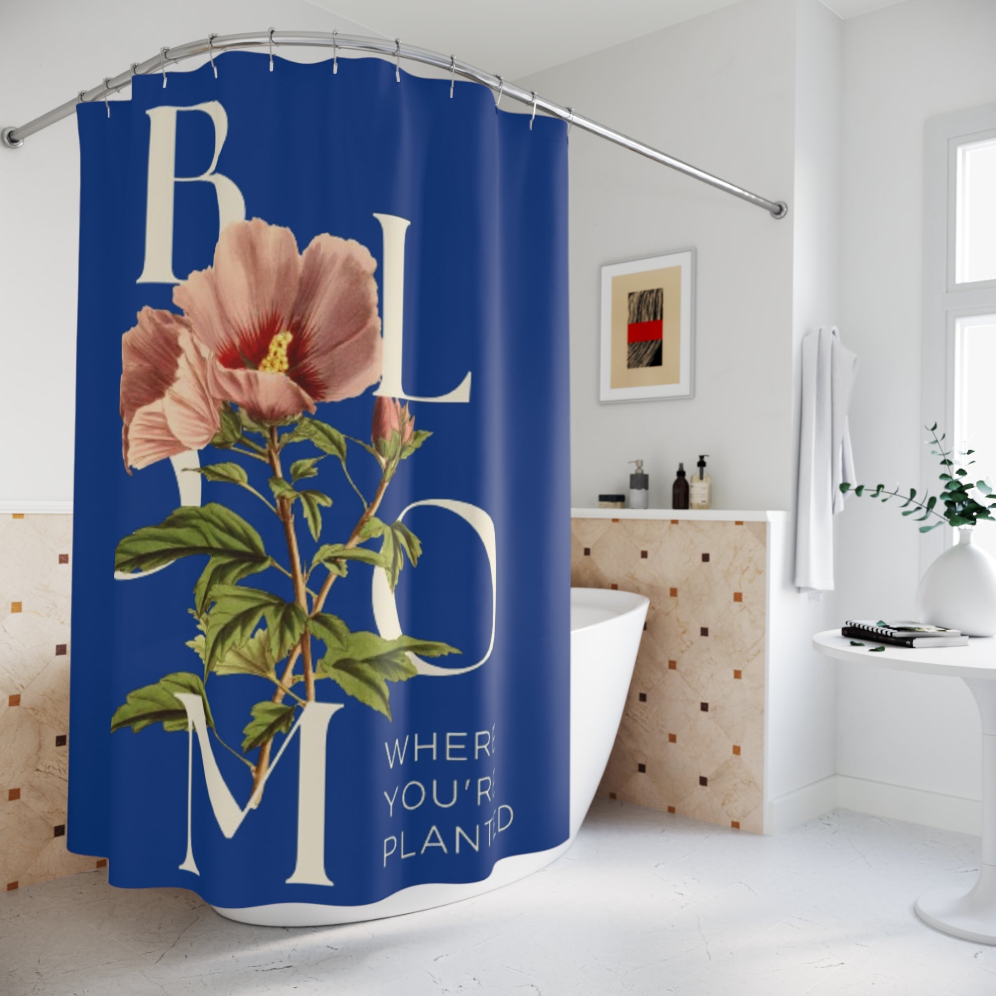 Blue Bloom Where You're Planted Shower Curtain, Floral Bathroom Decor, Boho Home Decor, Gift for Flower Lovers, Unique Bathroom Makeover