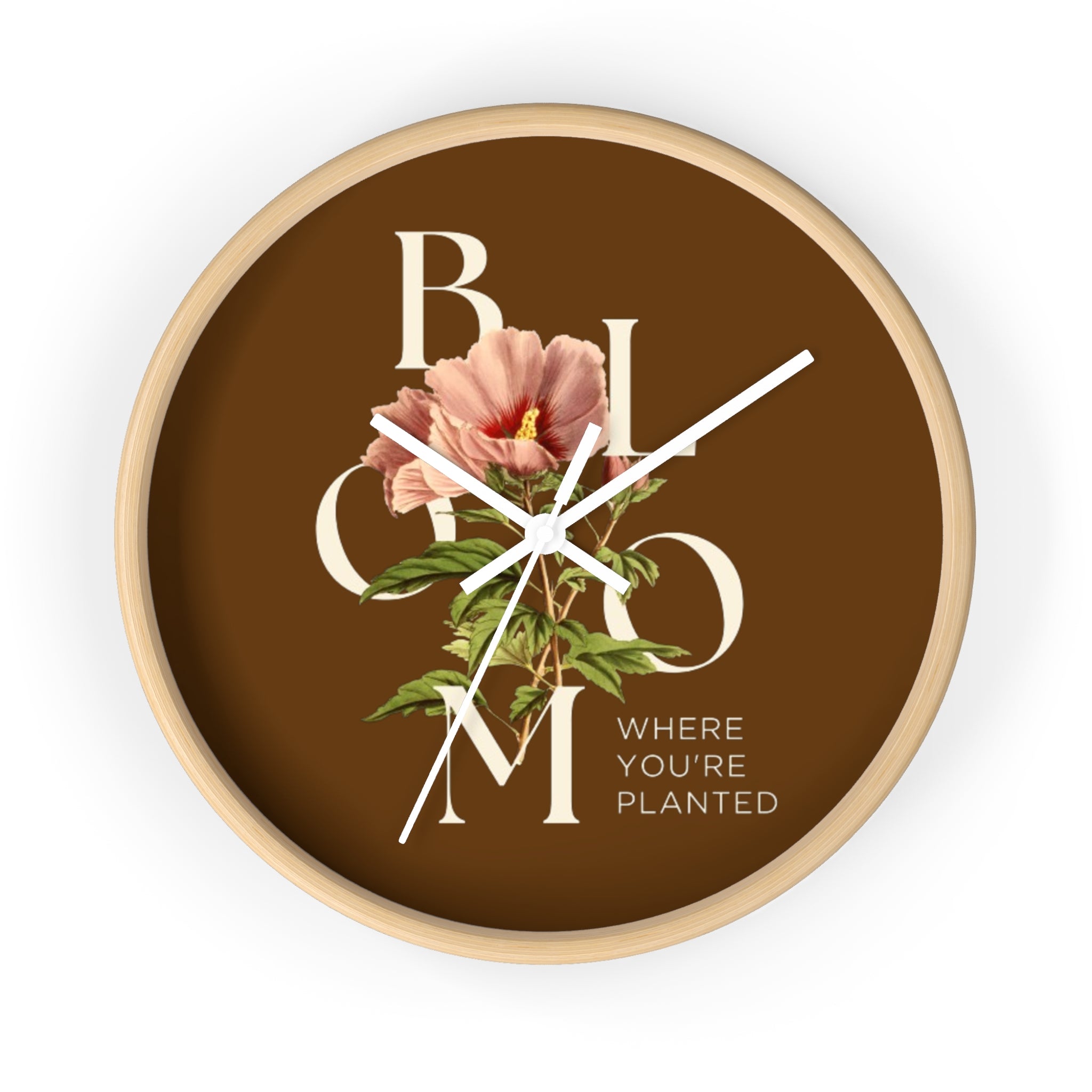 Brown Floral Wall Clock: Bloom Where You’re Planted, Home Decor, Gifts for Plant Lovers, Motivational Wall Art, Modern Timepiece, Flower Design