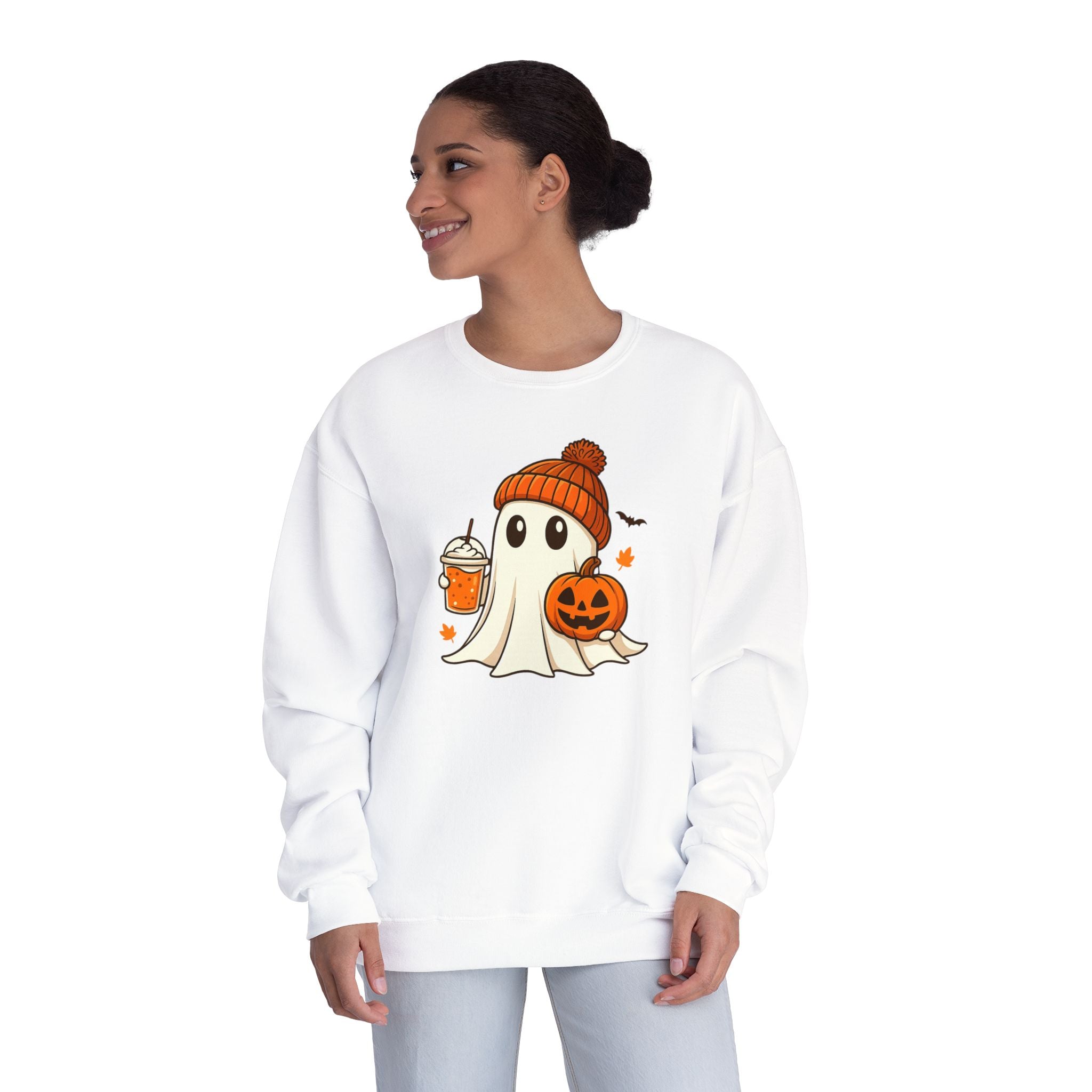 Cozy Halloween Sweatshirt, Ghost Design Crewneck, Fall Fashion, Unisex Sweater for Spooky Season, Pumpkin & Ghost Apparel
