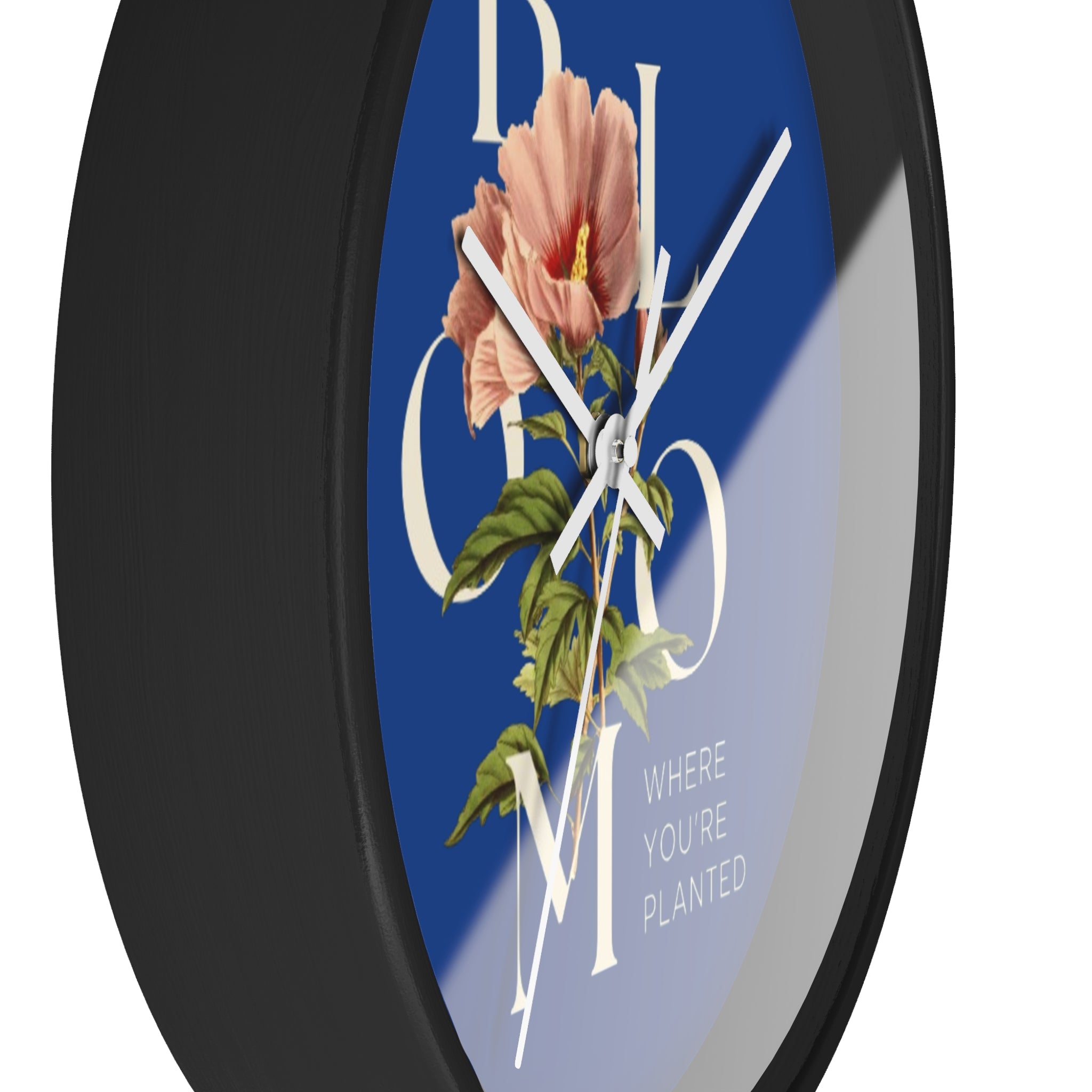 Blue Floral Wall Clock: Bloom Where You’re Planted, Home Decor, Gifts for Plant Lovers, Motivational Wall Art, Modern Timepiece, Flower Design